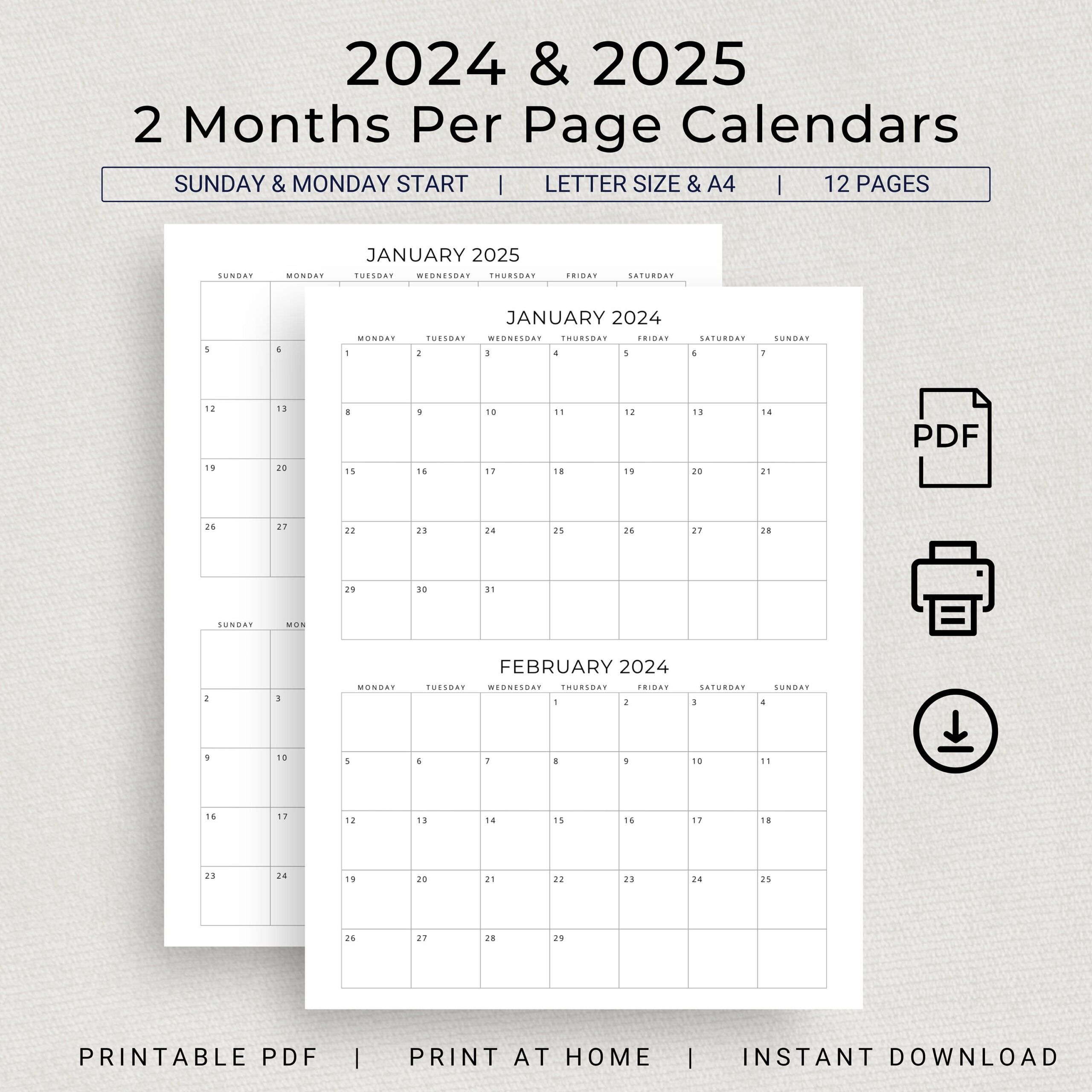 2024 2025 Calendar 2025 2024 Planner 2 Months Per Page Calendar 