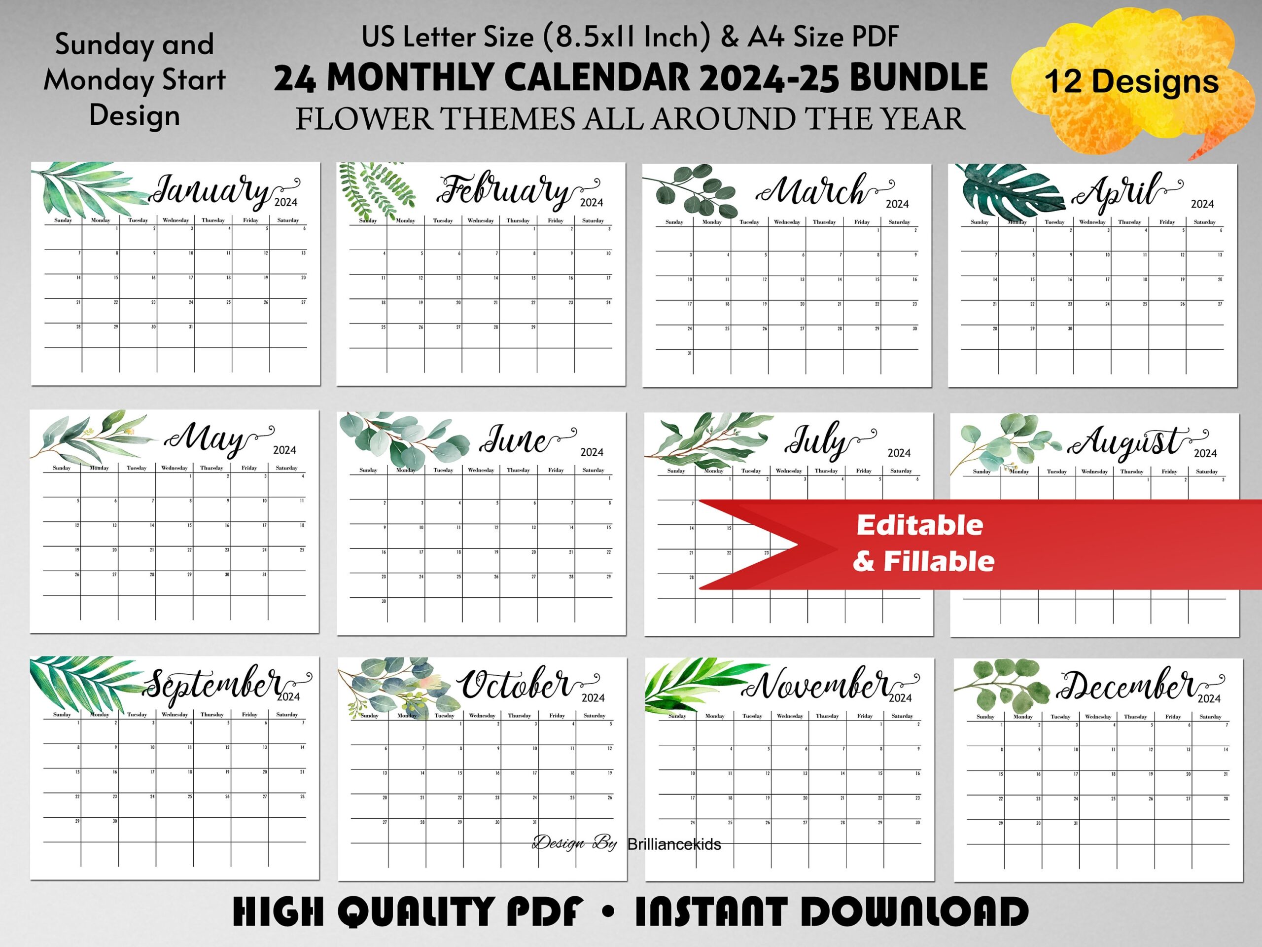 2024 2025 Calendar Editable Printable Monthly Calendar Botanical Leaves Us Letter A4 Size Sunday Monday Start Digital Calendar Cute Etsy