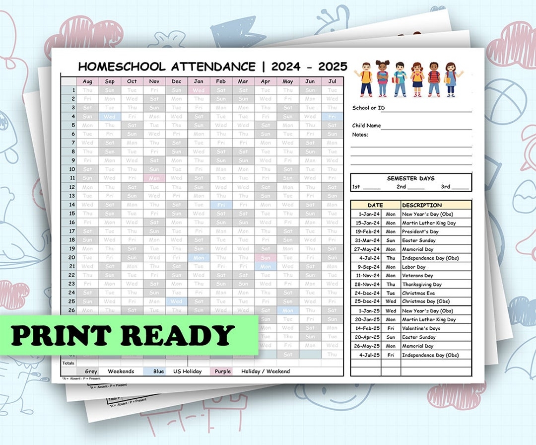 2024 2025 Homeschool Kit Attendance Recording Log Sheet For Kids Teens Education And Learning Printable Planner With Semesters Etsy