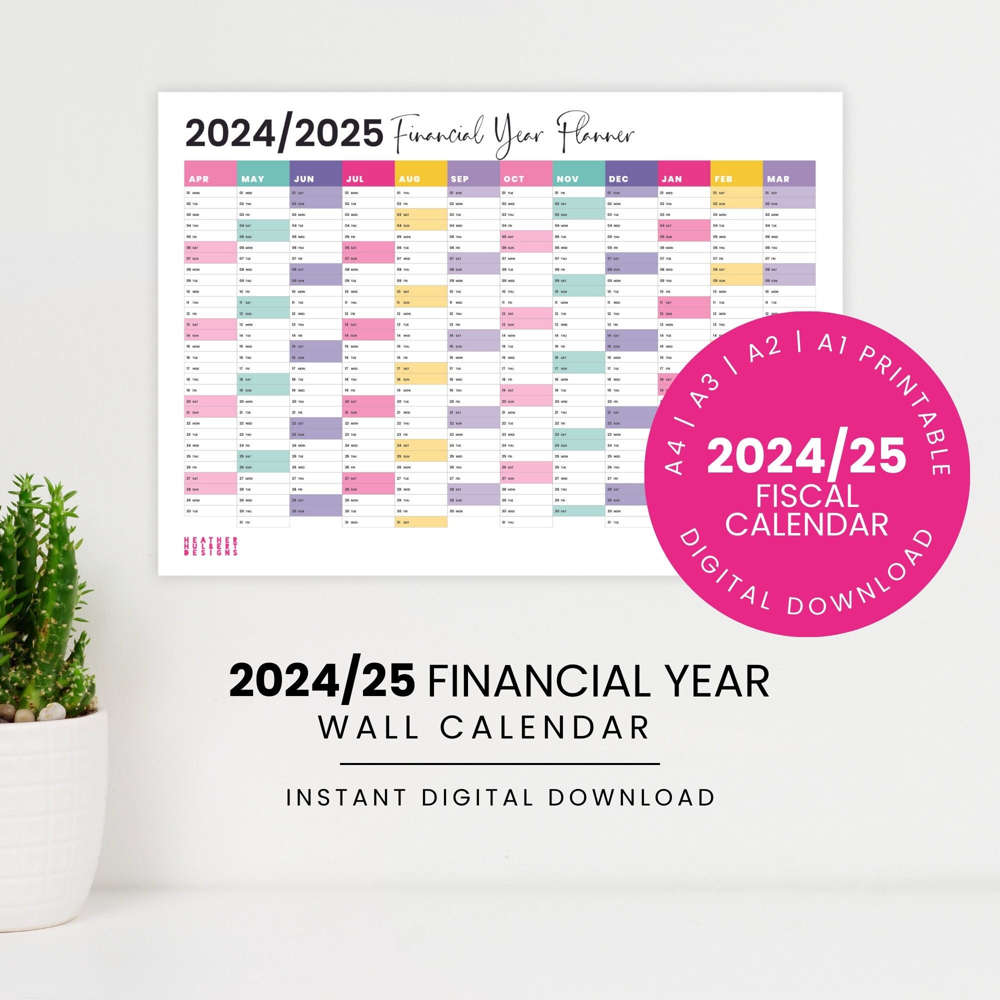 2024 2025 UK Financial Year Wall Calendar Rainbow Printable Year 