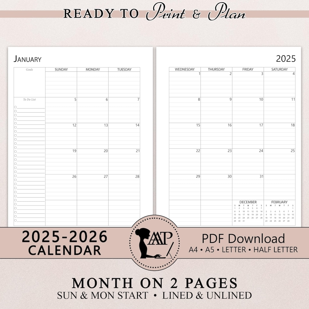 2025 2026 Monthly Calendar Printable Two 2 Page Lined Unlined 