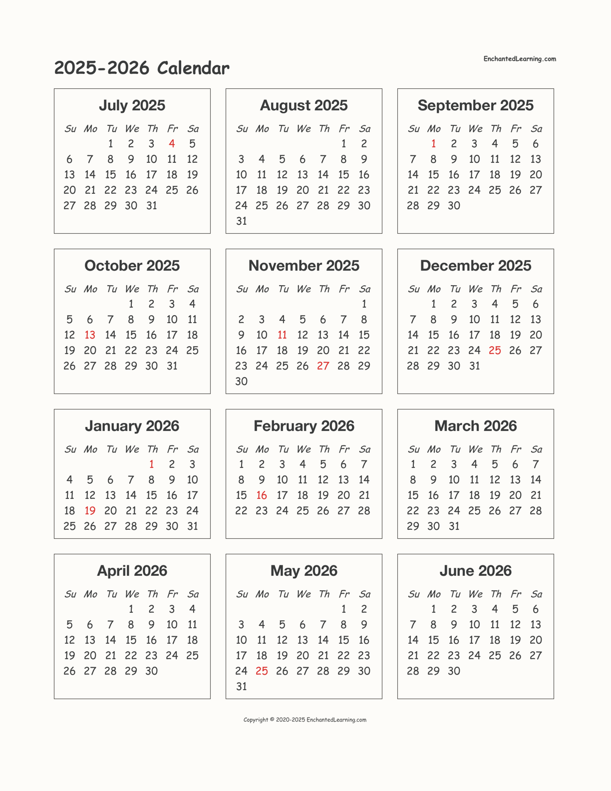 2025 2026 School Year One Page Calendar Enchanted Learning
