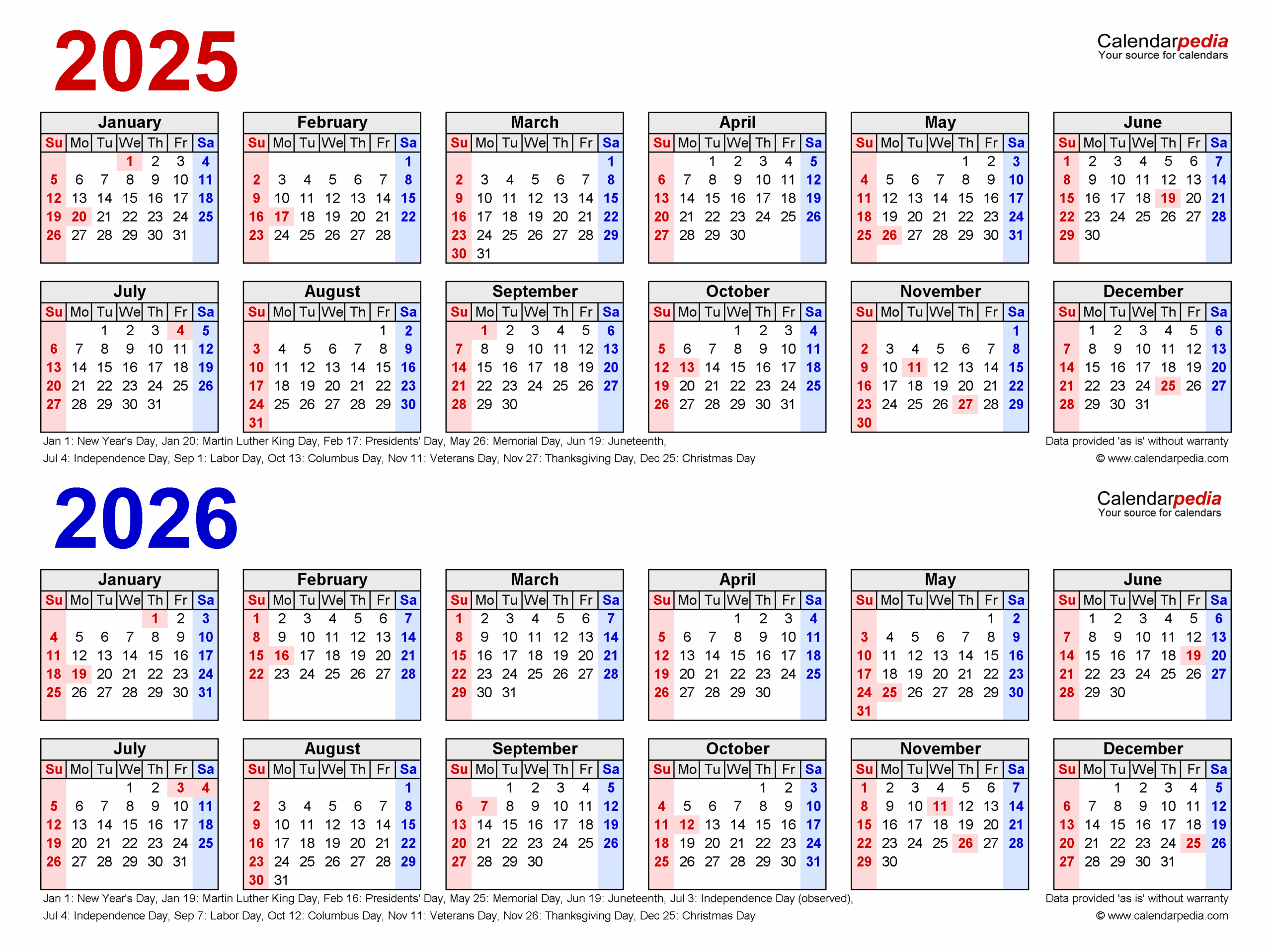 2025 2026 Two Year Calendar Free Printable Excel Templates