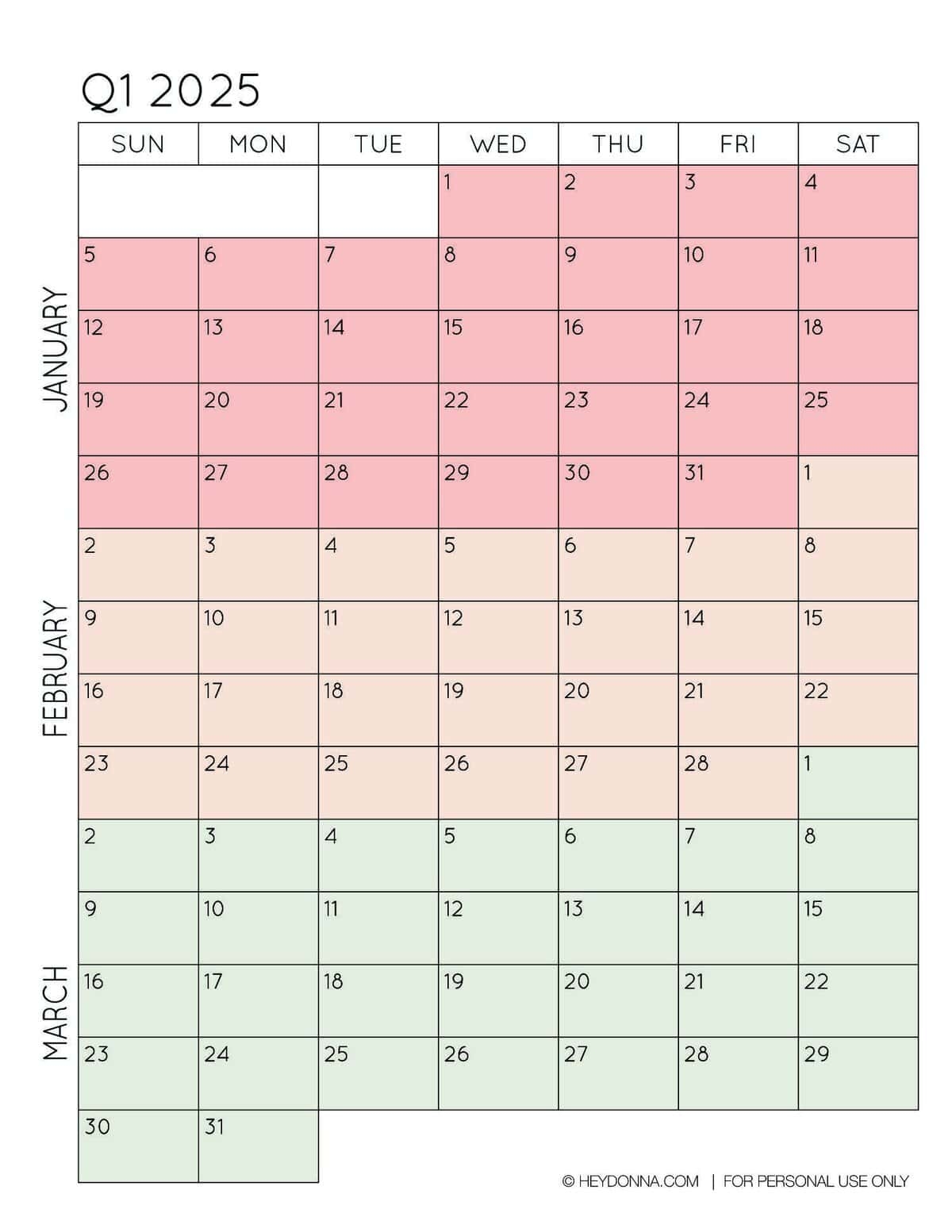 Free Printable 2025 Quarterly Calendar With Holidays