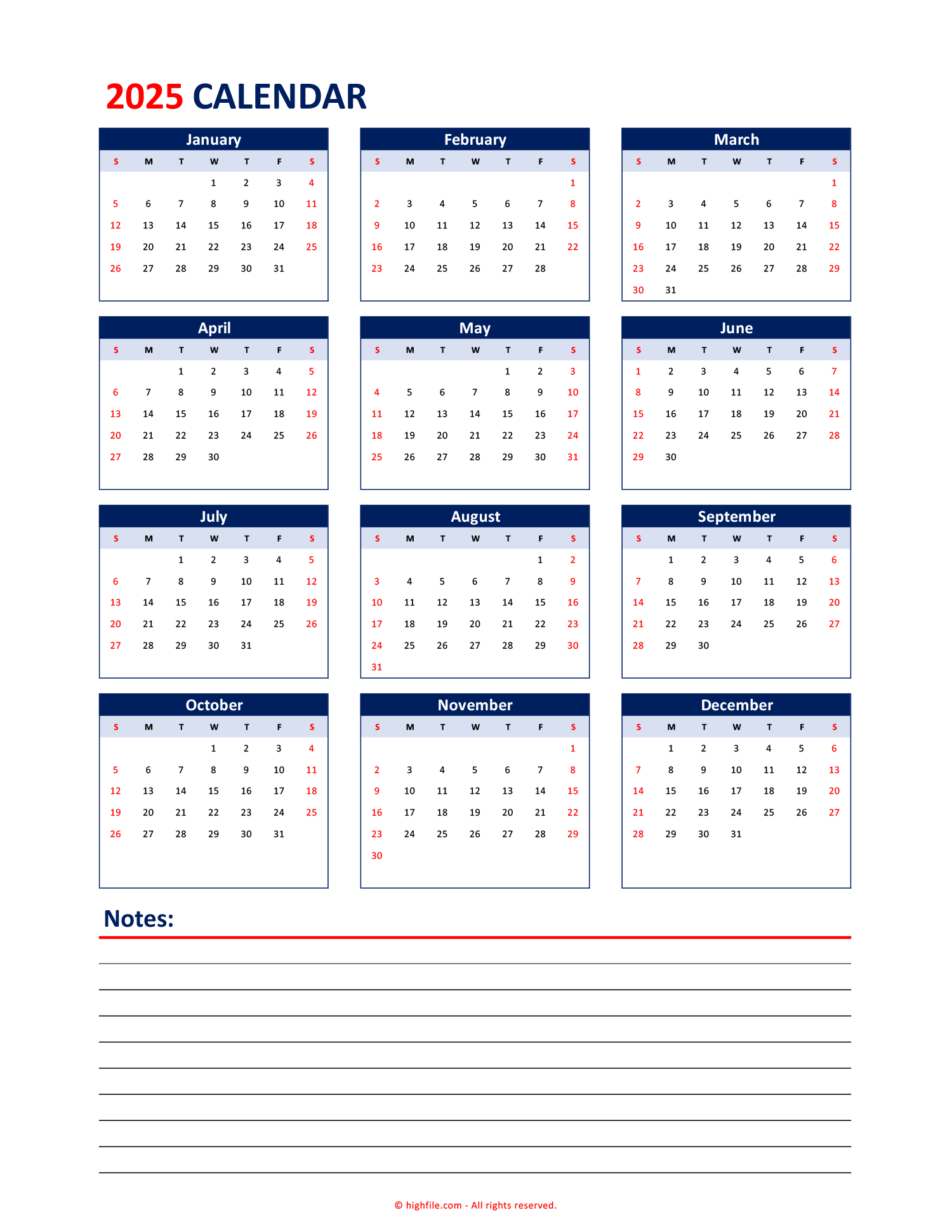 2025 Annual Calendar Template Excel Google Sheets PDF Highfile