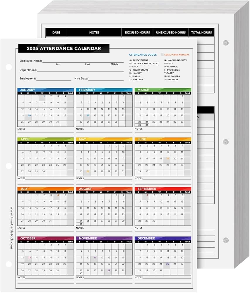 2025 Attendance Calendar Card Stock Paper Great Employee Work Tracker Bright U0026 Colorful Printed On Durable U0026 Thick 80lb Cover 216gsm Cardstock 