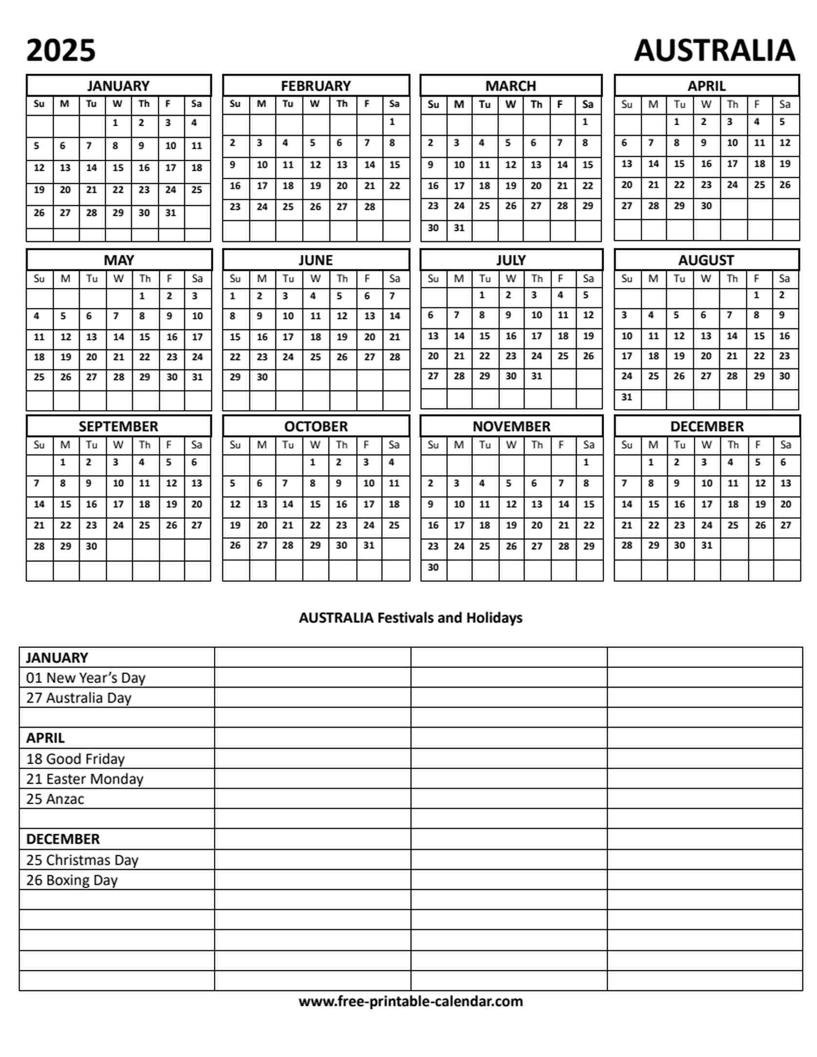 Free Printable Australian 2025 Monthly Calendar