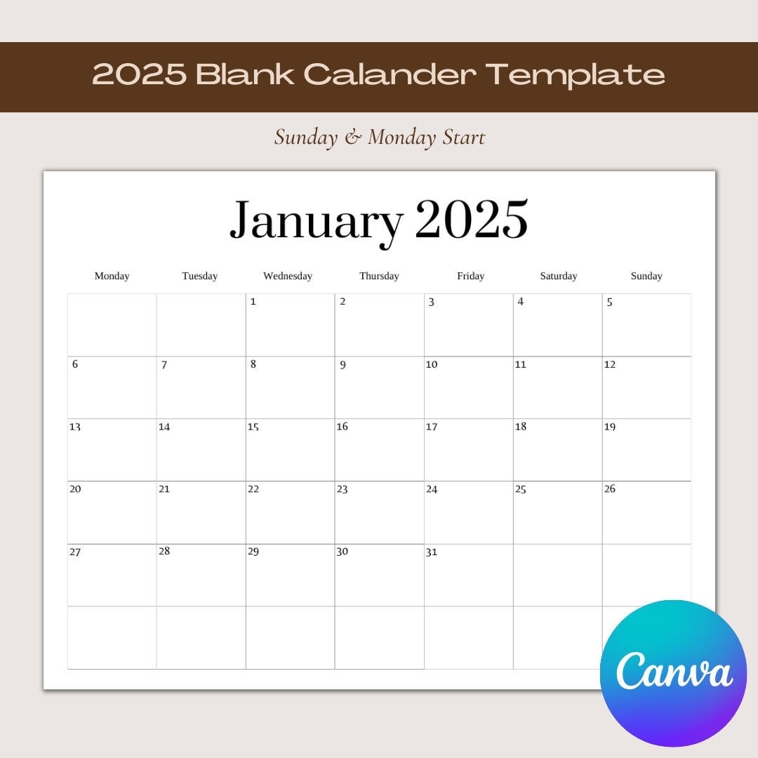 2025 Blank Calendar Template Blank Calendar Printable Blank Calendar 12 Month Calendar Editable Calendar Minimalist Design Etsy