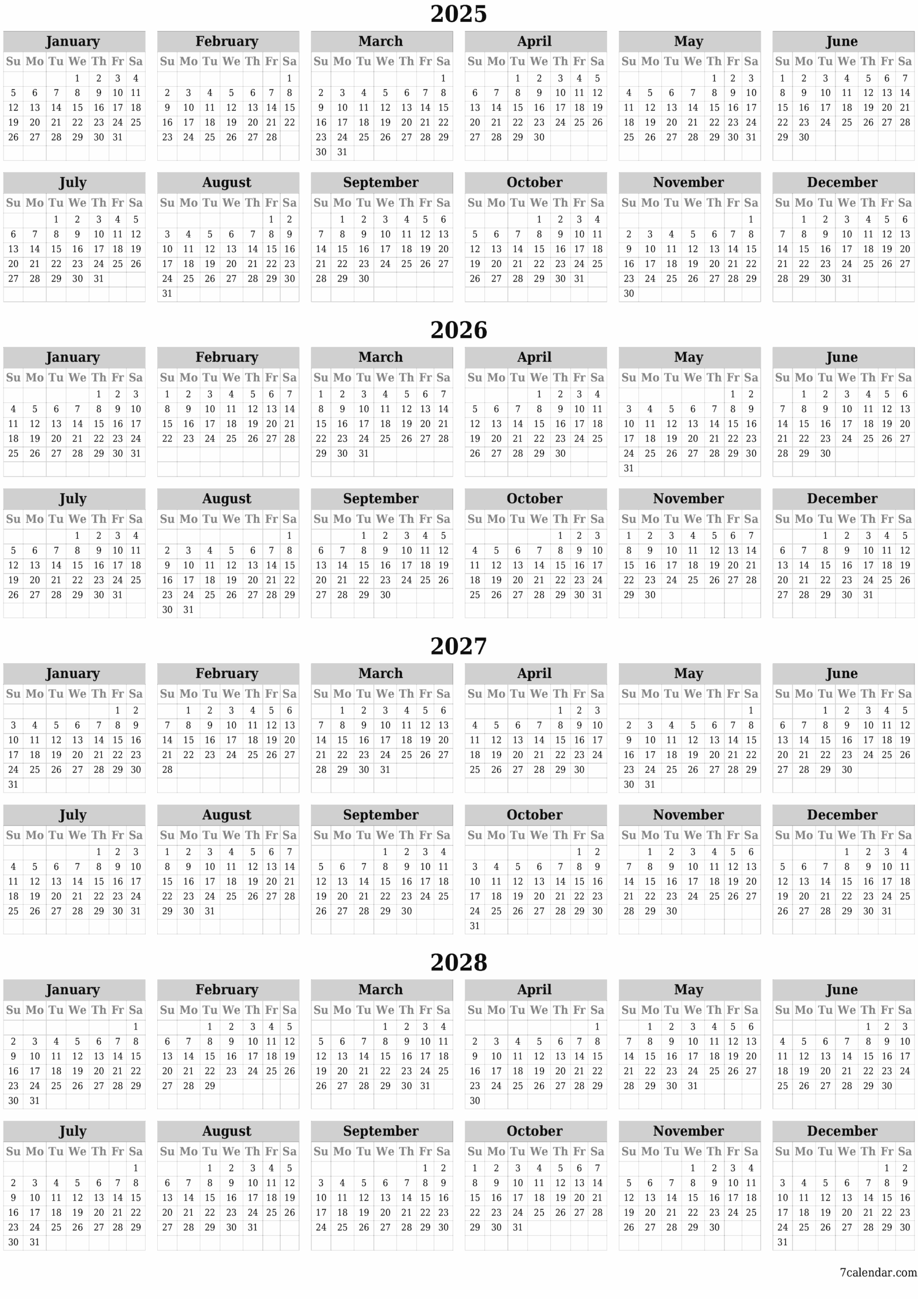 2025 Blank Yearly Calendar Template 7calendar