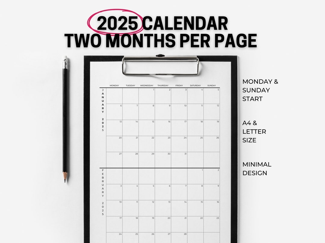 2025 Calendar 2 Months Per Page Minimalist Calendar Printable 