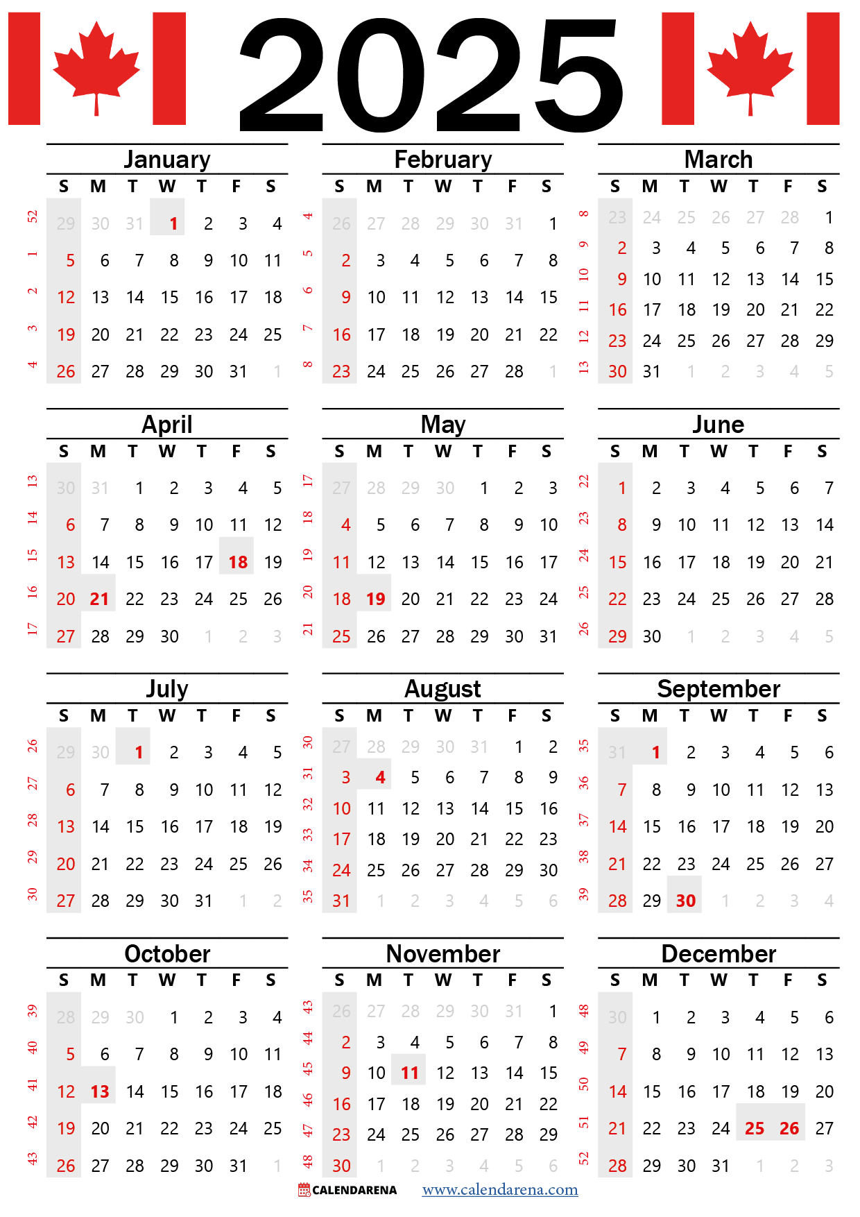 2025 Calendar Canada Printable Free