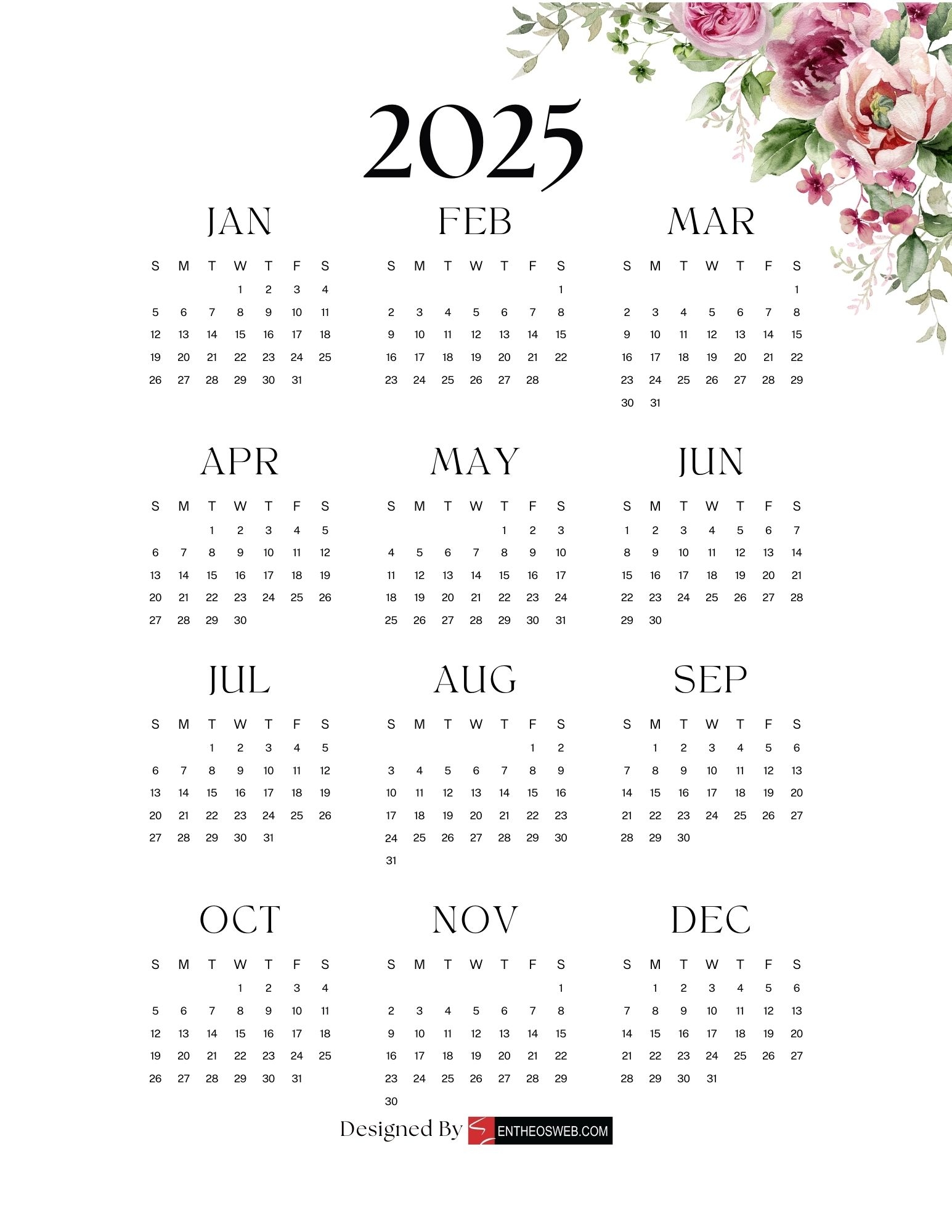 2025 Calendar Free PDF Printables EntheosWeb