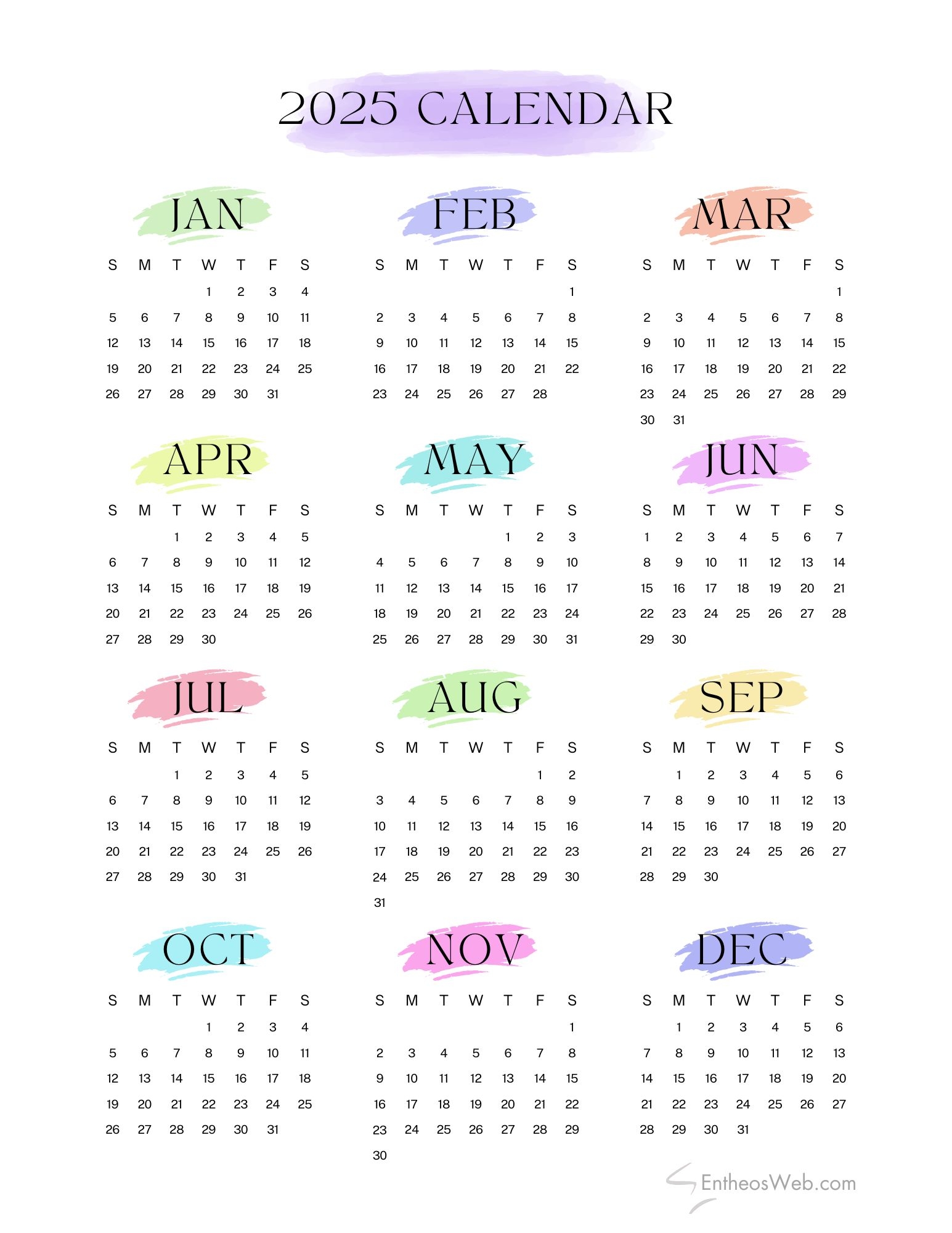2025 Calendar Free PDF Printables EntheosWeb