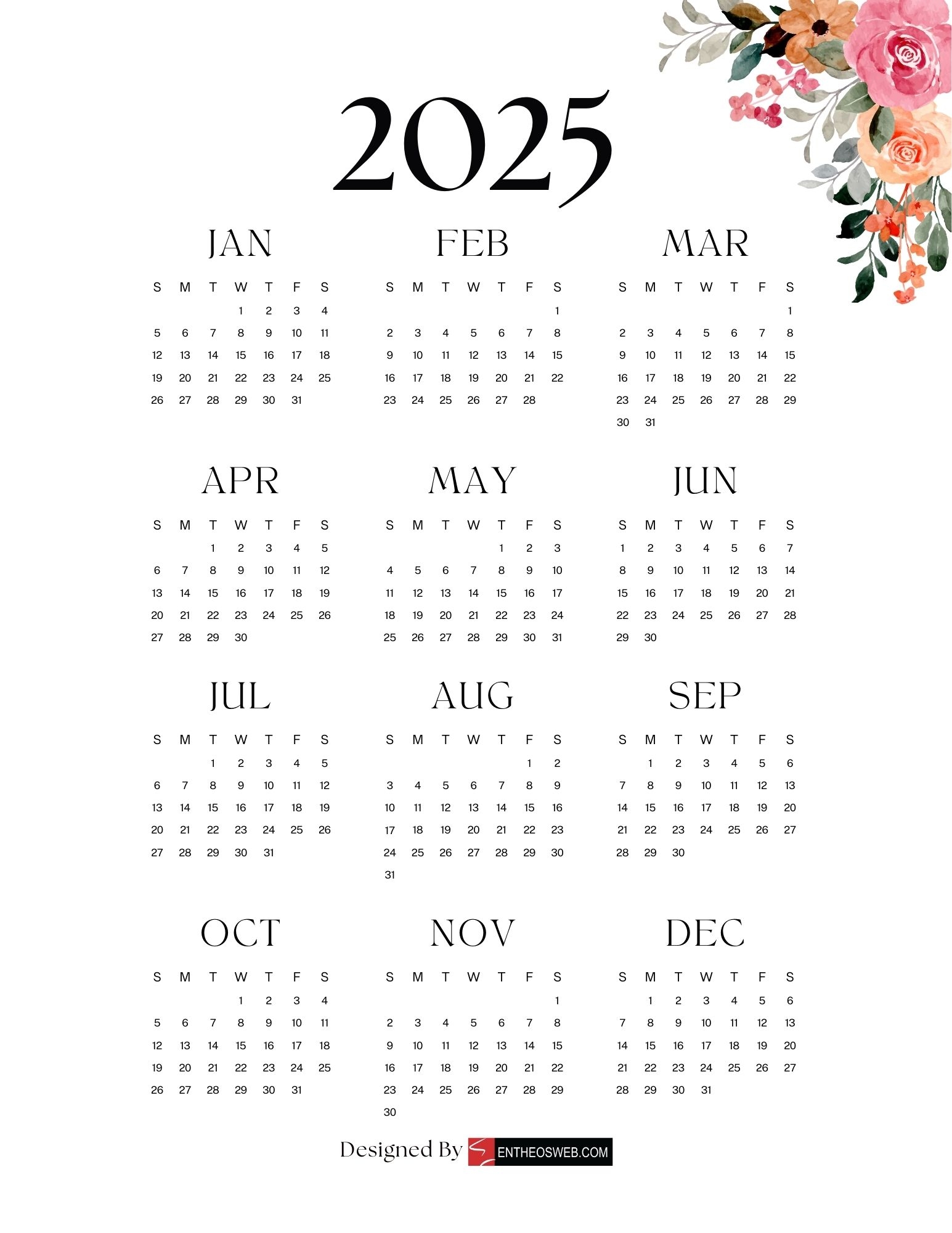2025 Calendar Free PDF Printables EntheosWeb