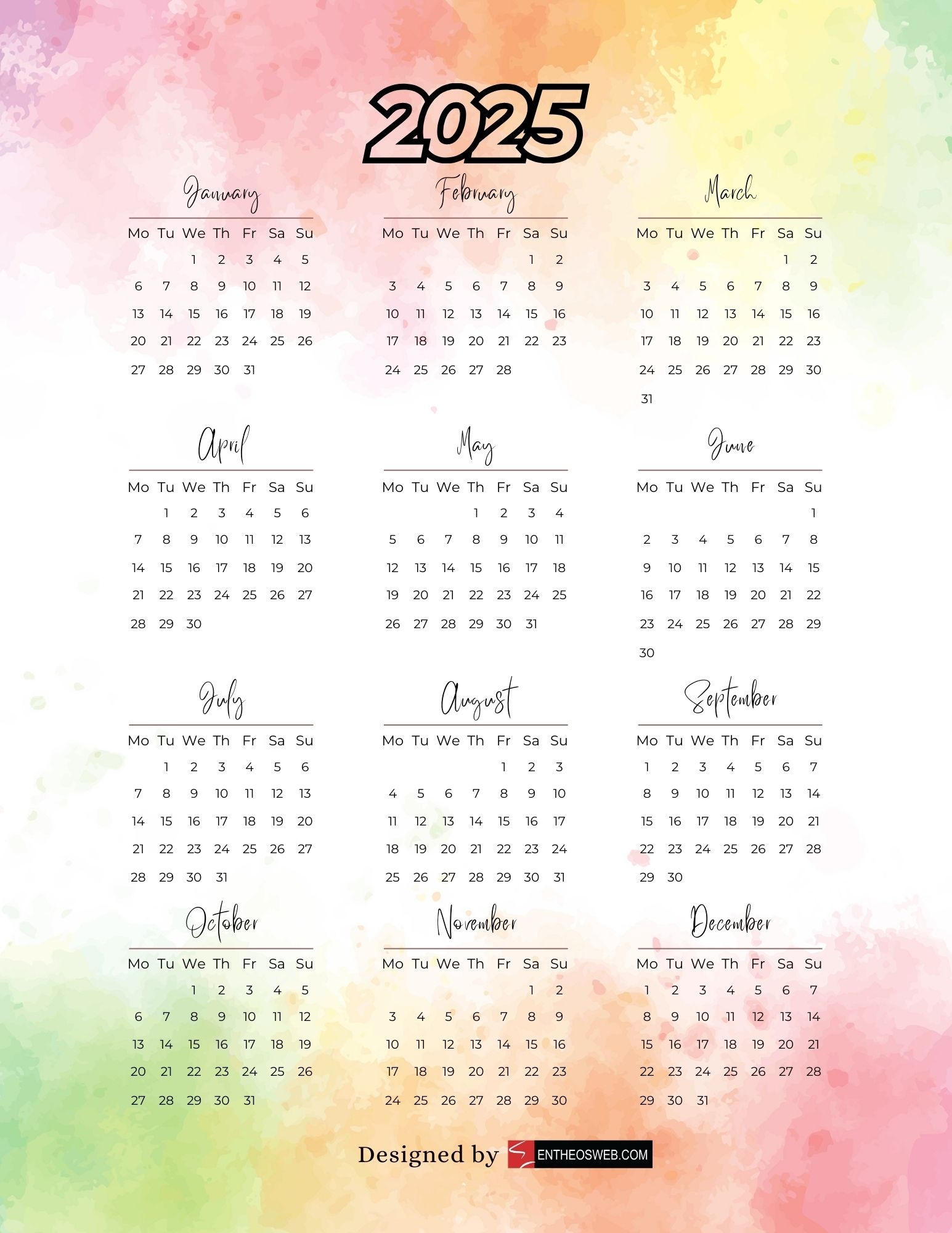 Free Printable Calendar 2025 Colorful