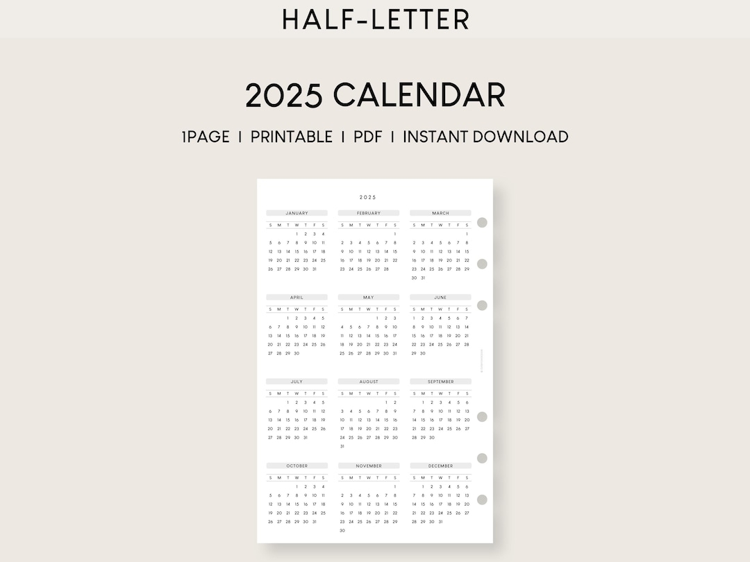 2025 Calendar Half letter Printable Template Dated Annual Overview Sunday Monday Start Page Yo1p Minimal Yearly Planner Insert Etsy