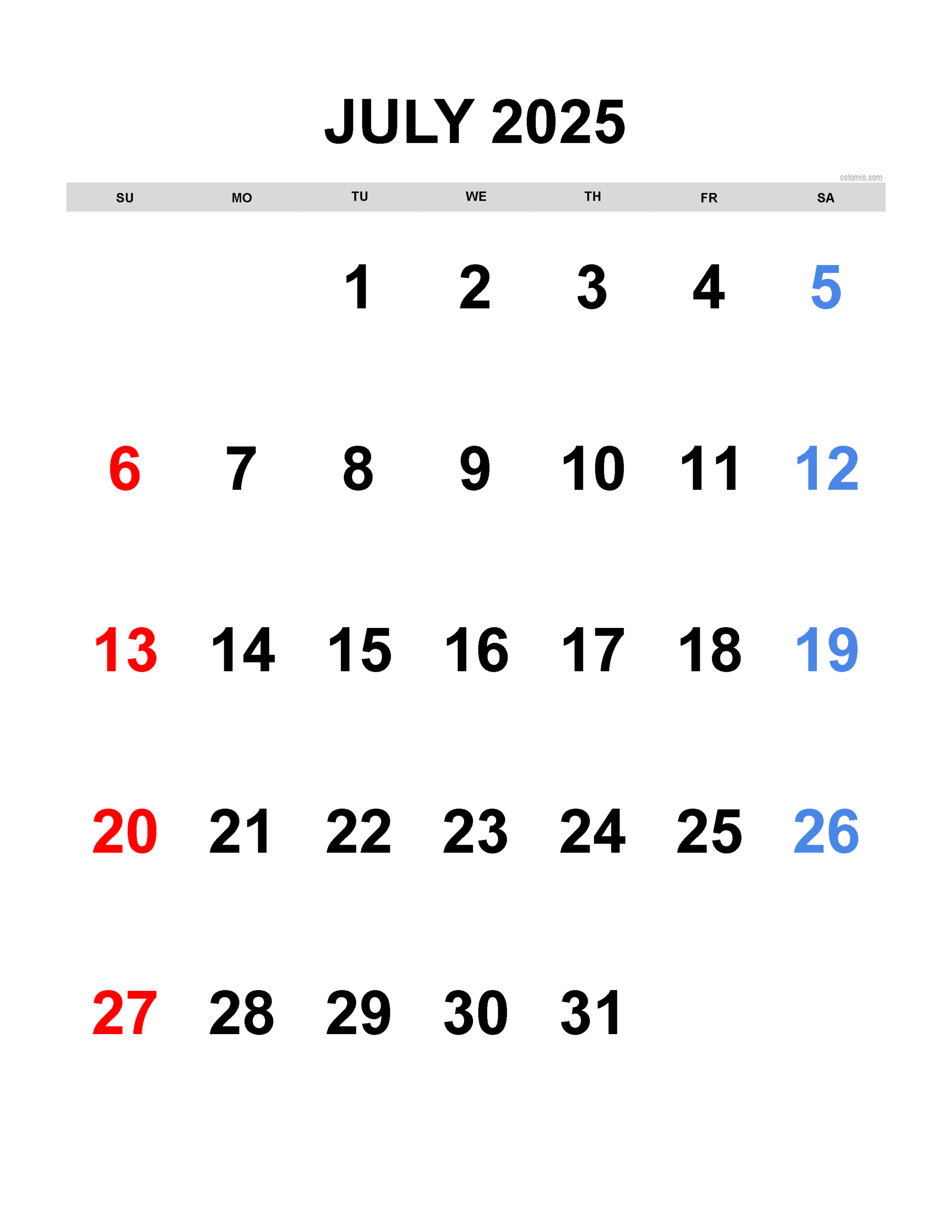 20 July 2025 Calendar Printable
