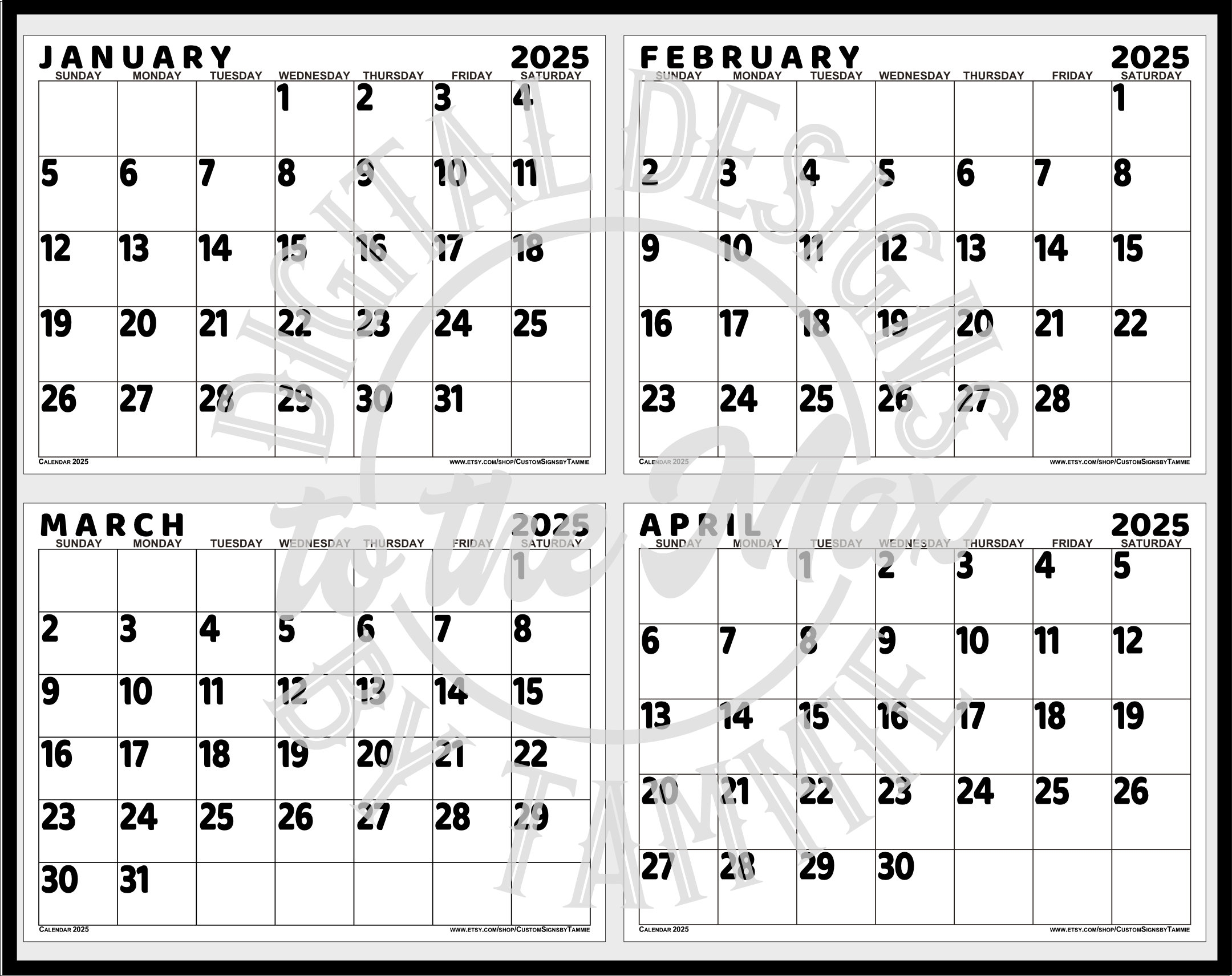 Free Printable 2025 Calendar Bold Big Number