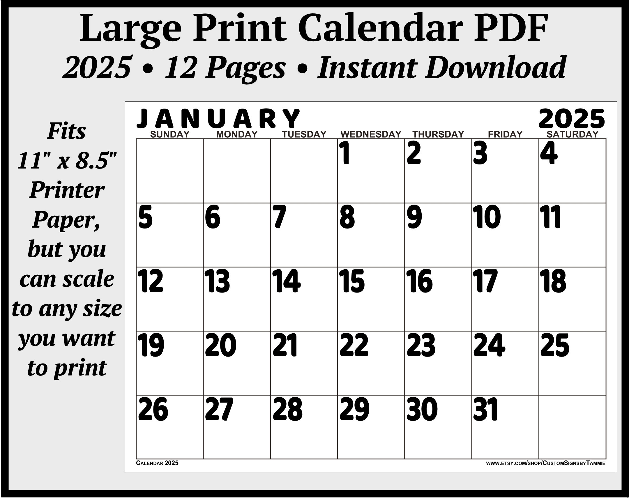 2025 Calendar PDF With Large Print Big Bold Numbers Instant 