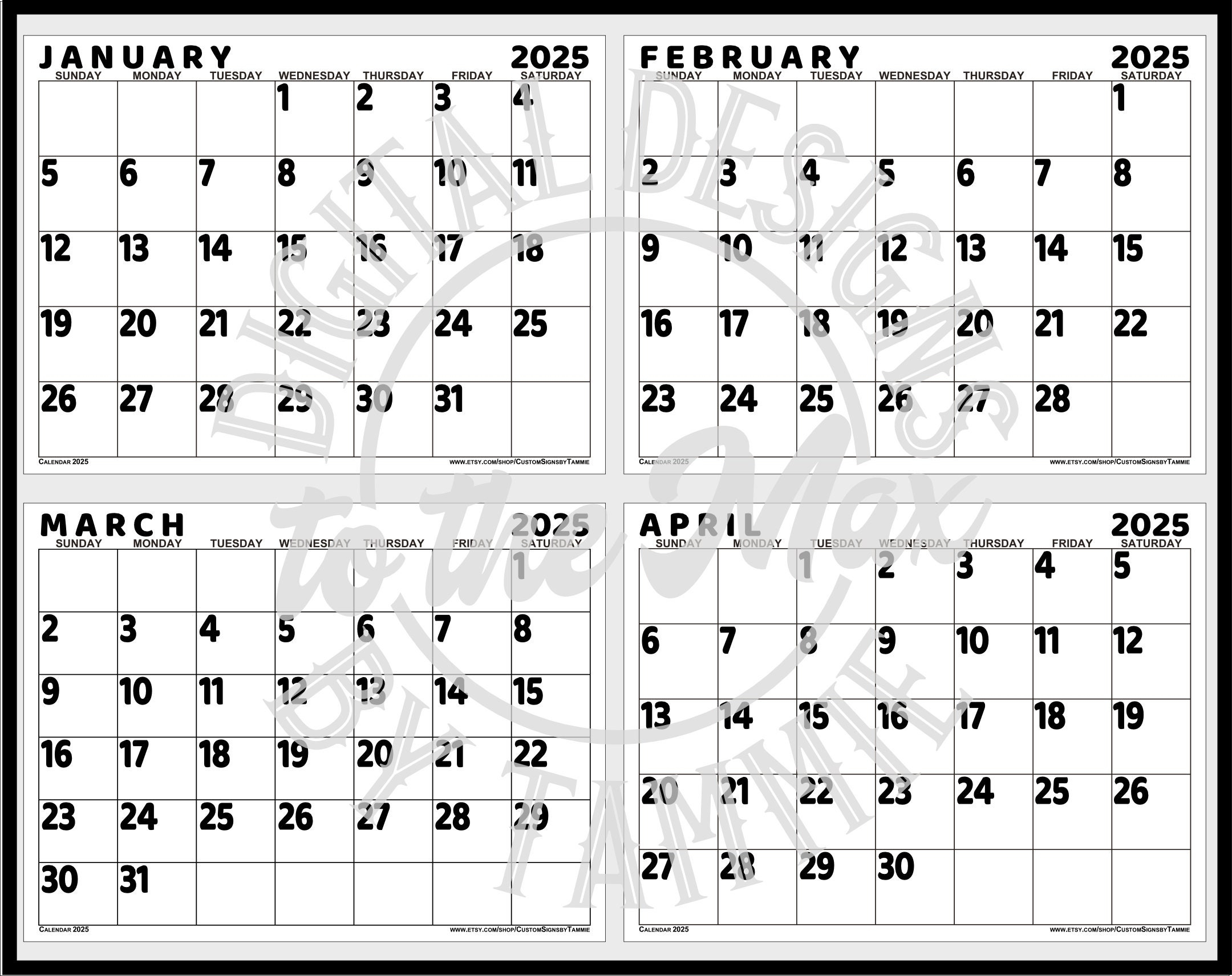 Free Printable 2025 Calendar Bold Big Number