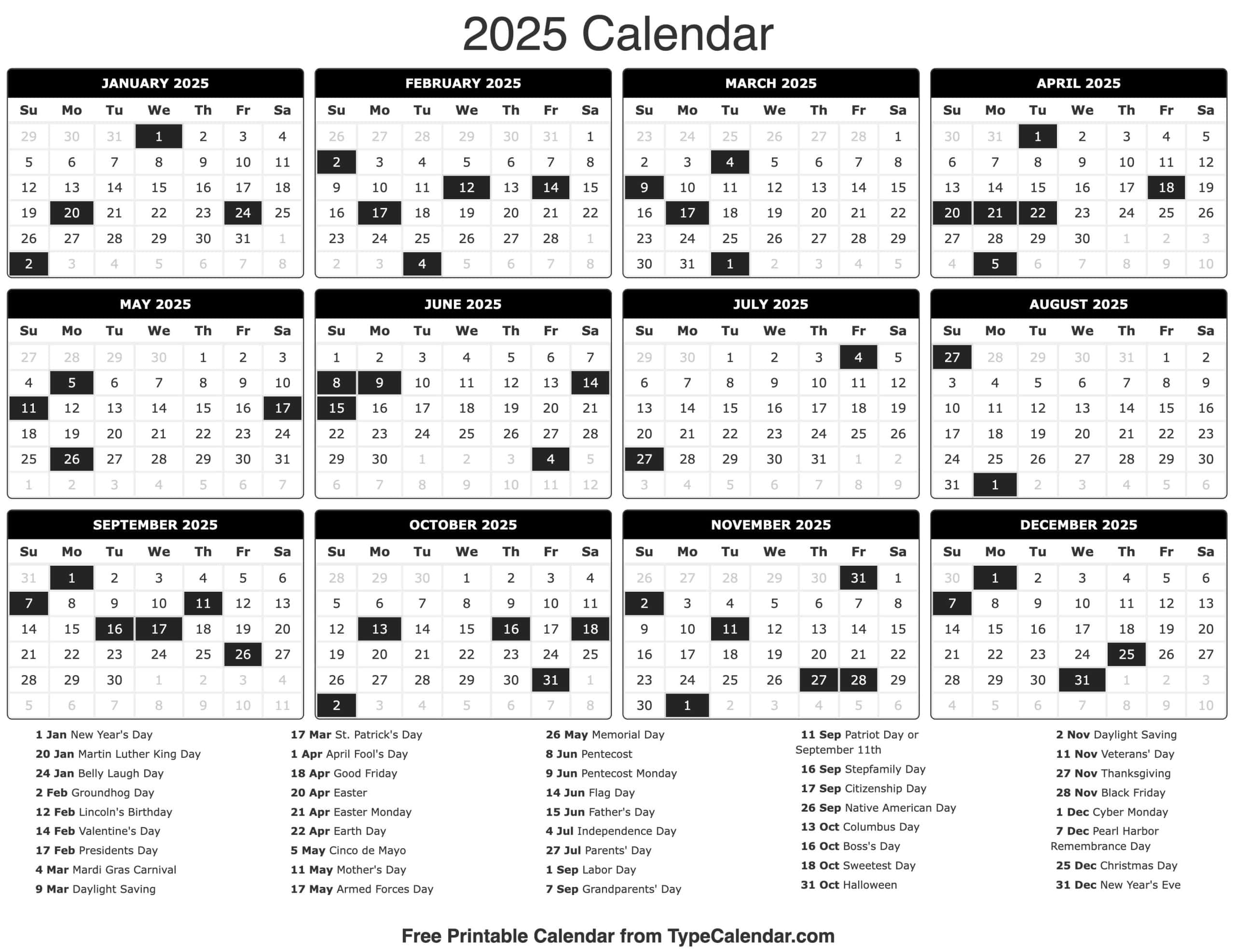 Free Printable 2025 Monthly Calendar With Holidays Usa