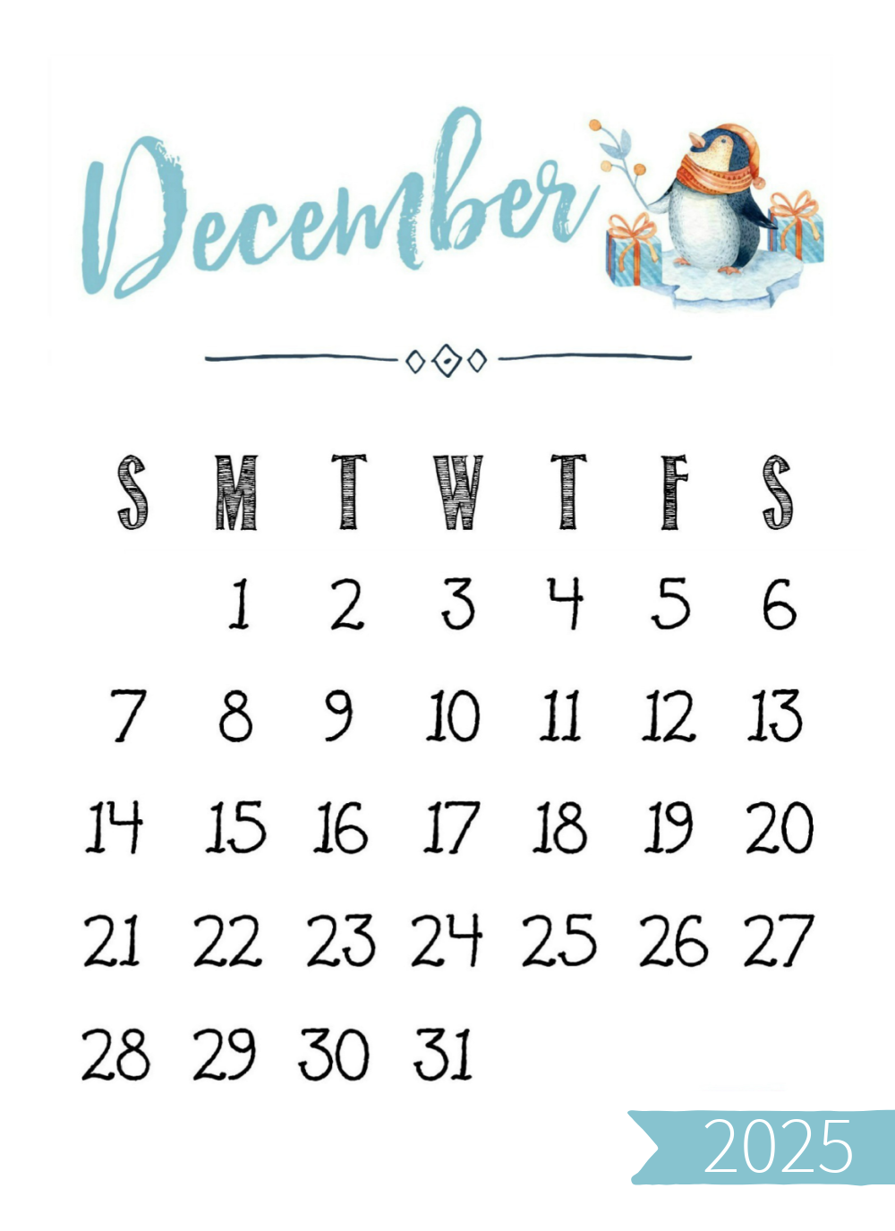 December 2025 Calendar Printable Penguin