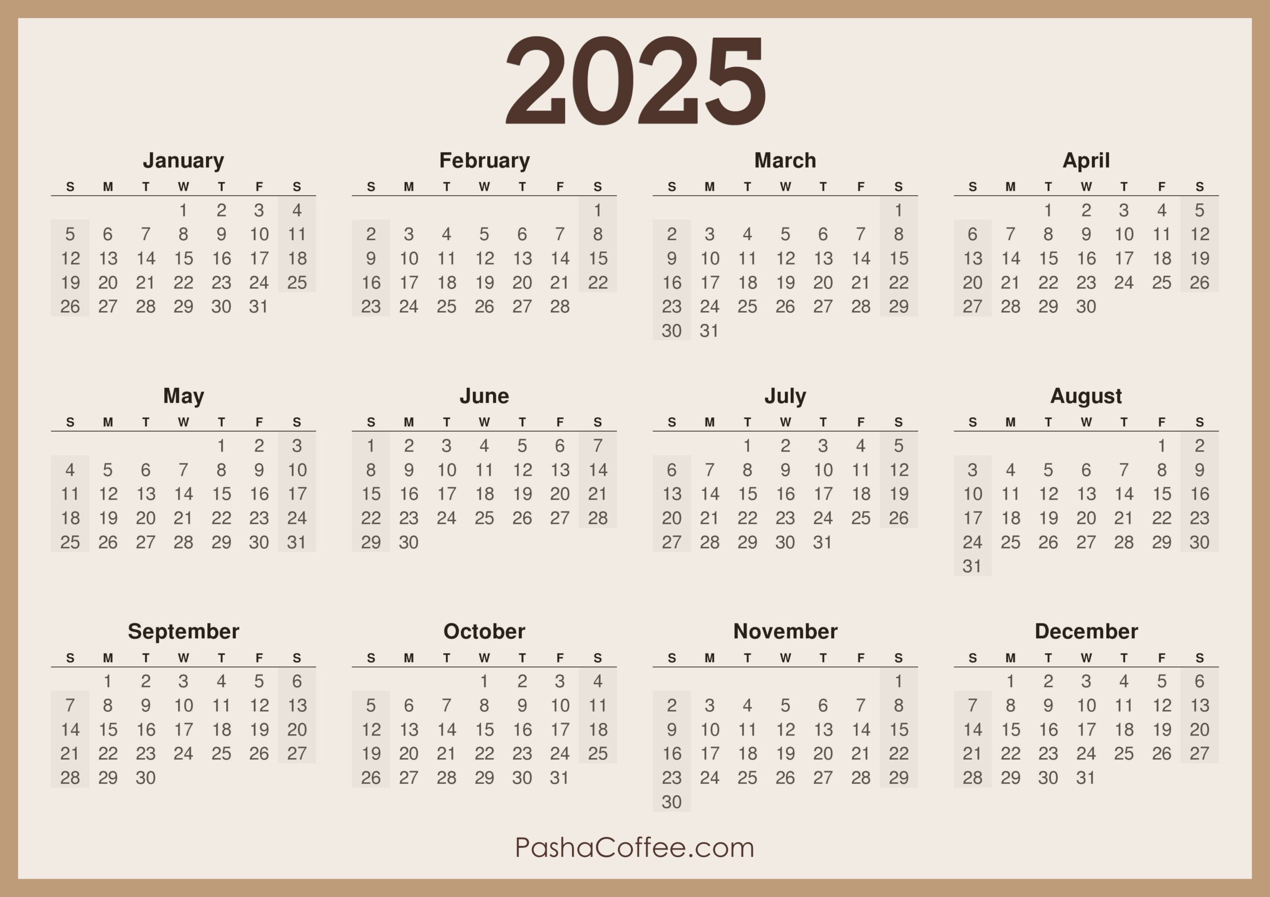 2025 Calendar Printable Free Horizontal Beige PashaCoffee