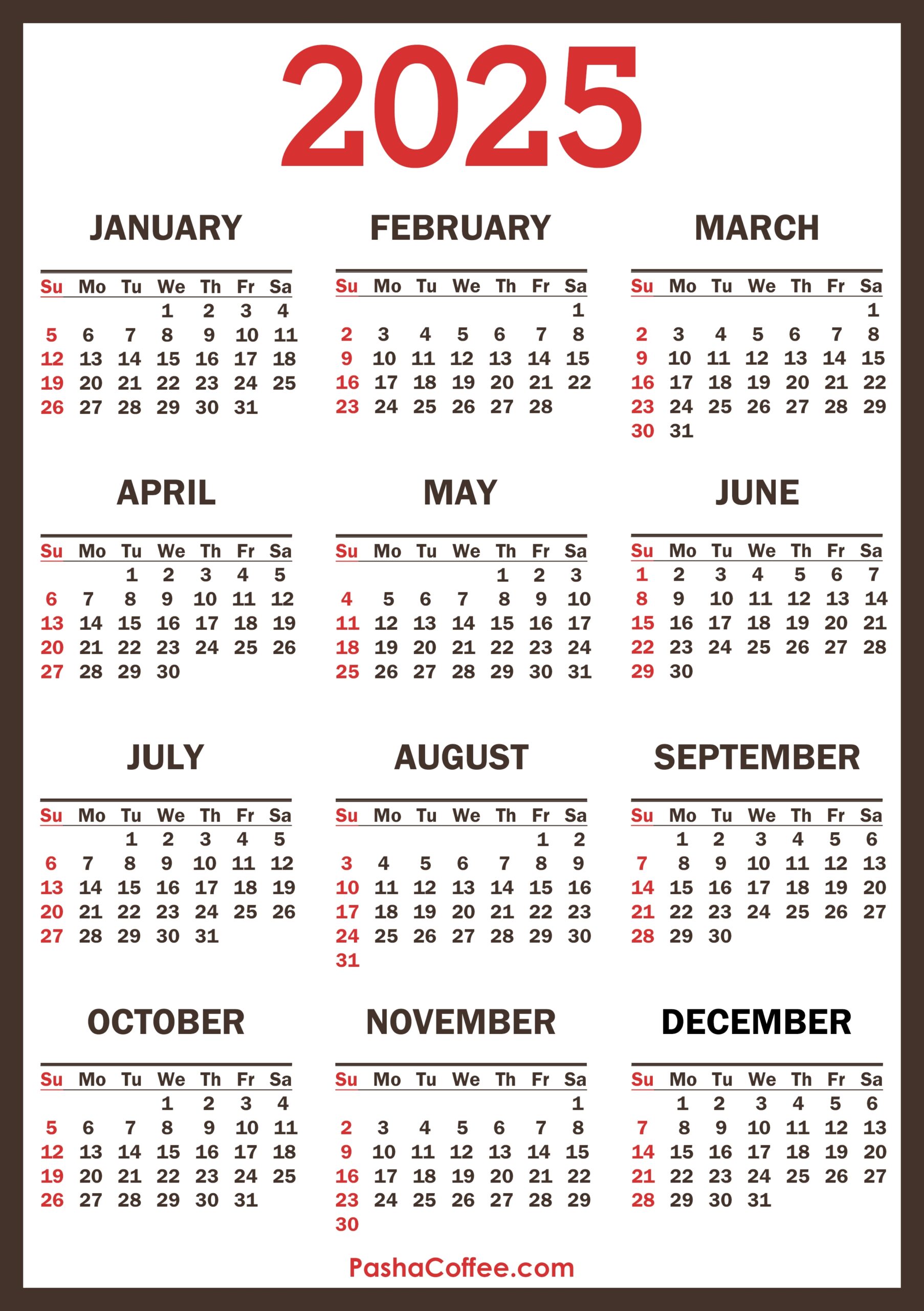 2025 Calendar Printable Free Vertical PashaCoffee