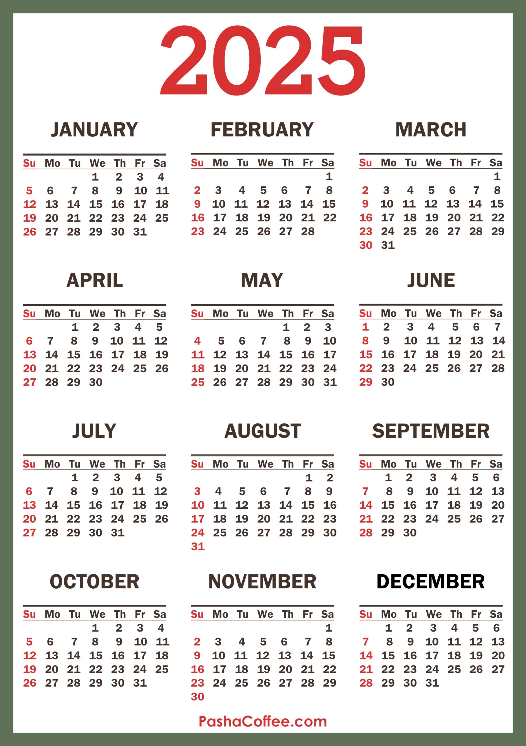 2025 Calendar Printable Free Vertical PashaCoffee