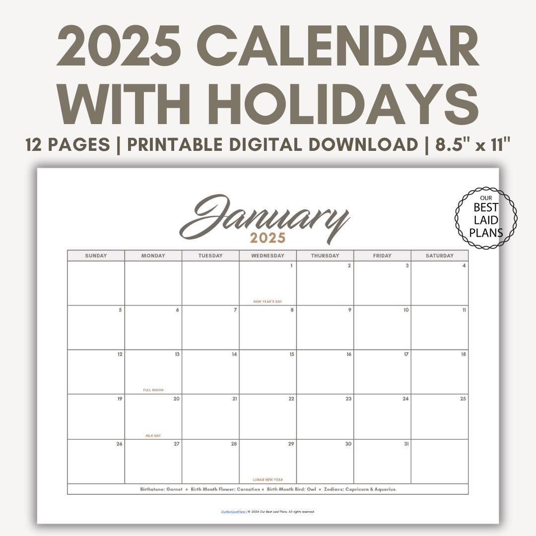 2025 Calendar Printable Landscape 2025 Monthly Bundle Calendar Printable Year 2025 12 Month Calendar 2025 Calendar With Holidays PDF Etsy