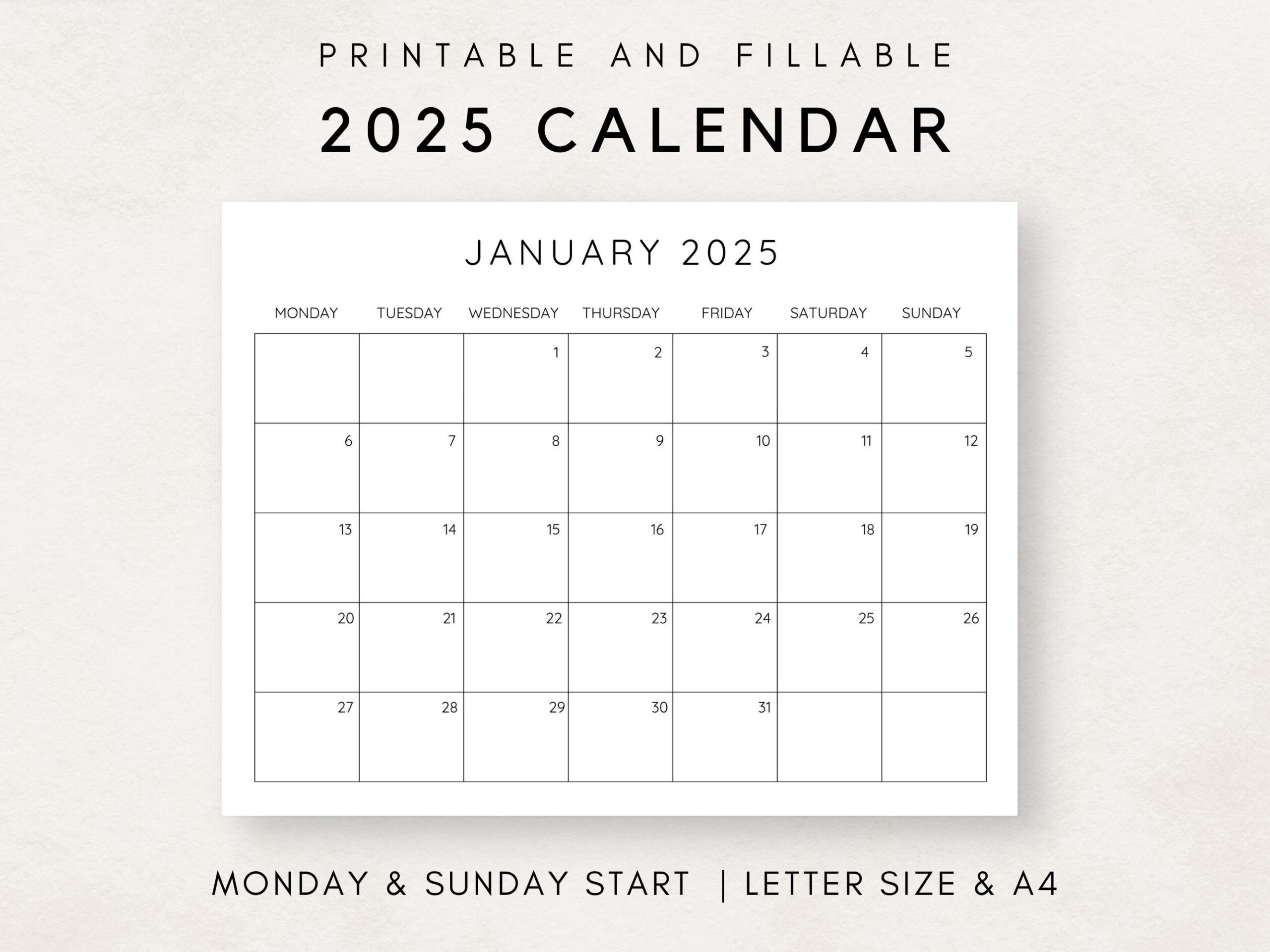 2025 Calendar Printable Monthly Calendar 2025 Fillable Calendar 
