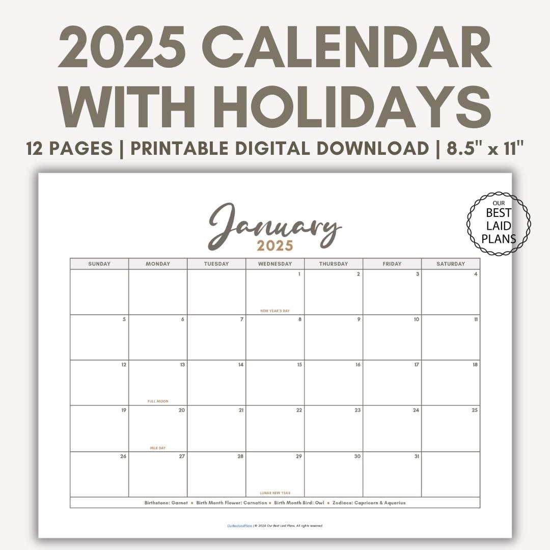 2025 Calendar Printable PDF 2025 Monthly Bundle Calendar Printable Year Annual 2025 Printable Calendar Landscape 2025 Calendar With Holidays Etsy