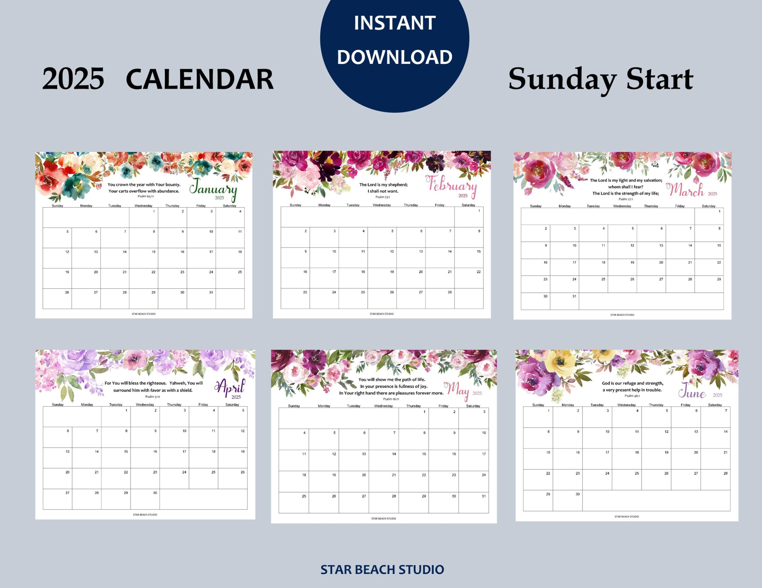 2025 Calendar PRINTABLE Psalms Bible Verse Floral Monthly Planner Christian Wall Desk Calendar Sunday Start Letter A4 Sizes Goodnotes Etsy