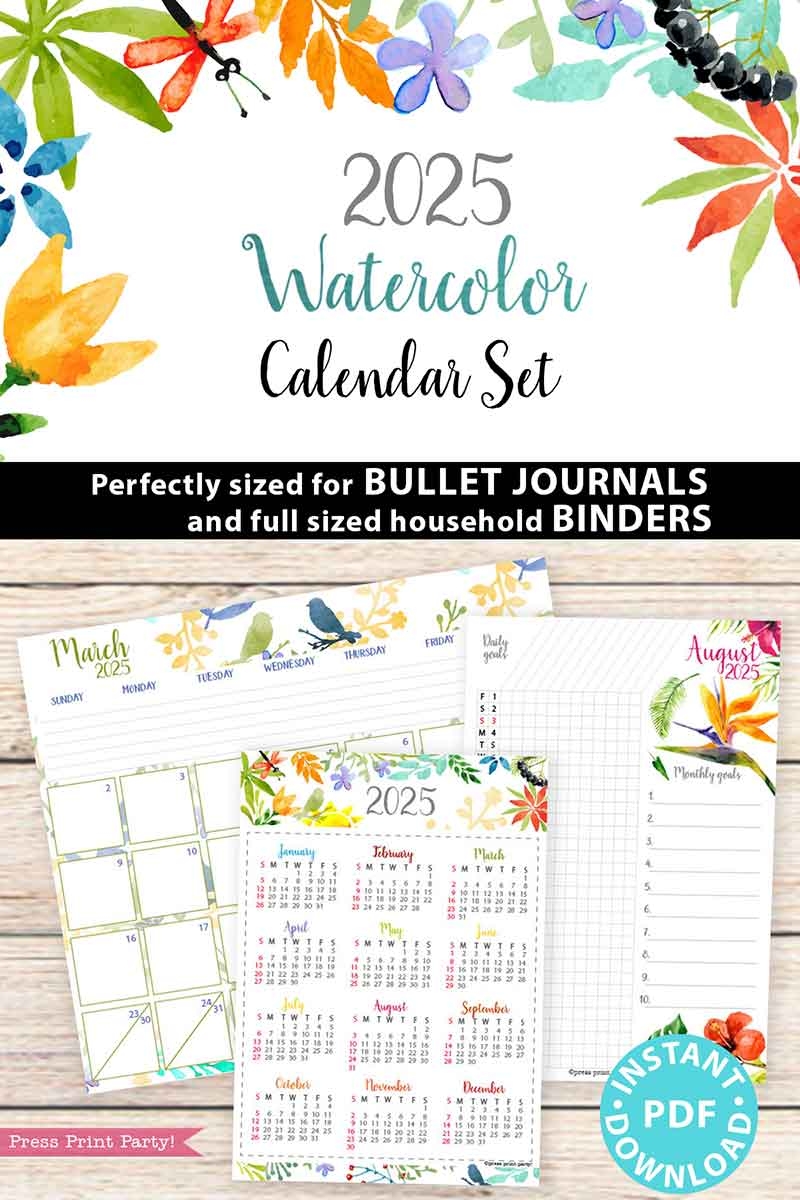 2025 Calendar Printable Set For Bullet Journals Or Binders Watercolor for Bullet Journals Or Binders 