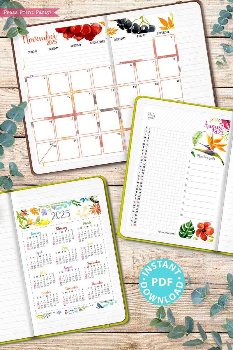 2025 Calendar Printable Set For Bullet Journals Or Binders Watercolor for Bullet Journals Or Binders 