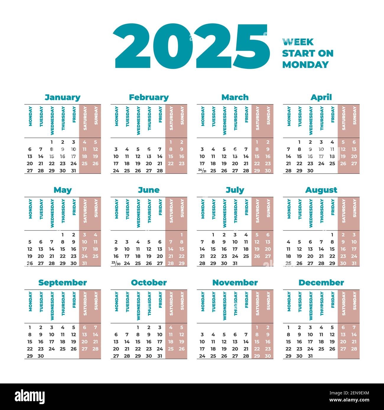 2025 Calendar Template With Weeks Start On Monday Stock Vector 