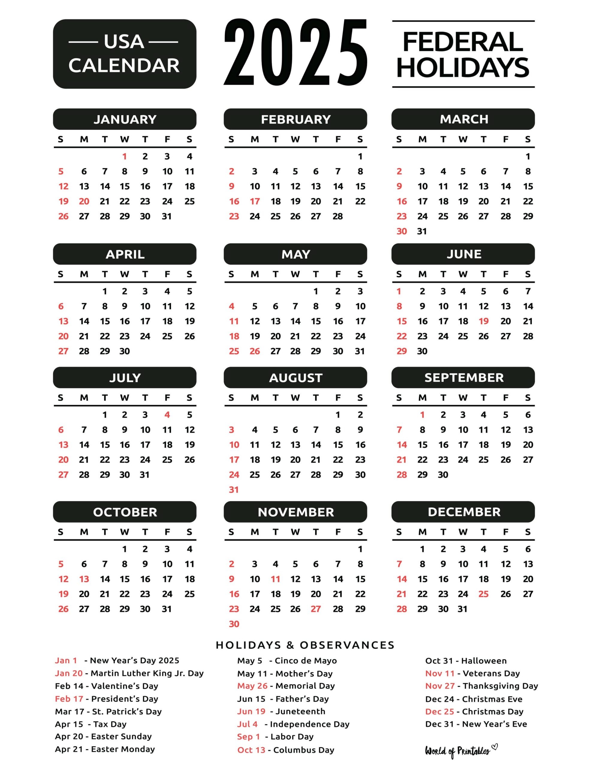 2025 Calendar With Holidays Free Printables In 28 Unique Styles 
