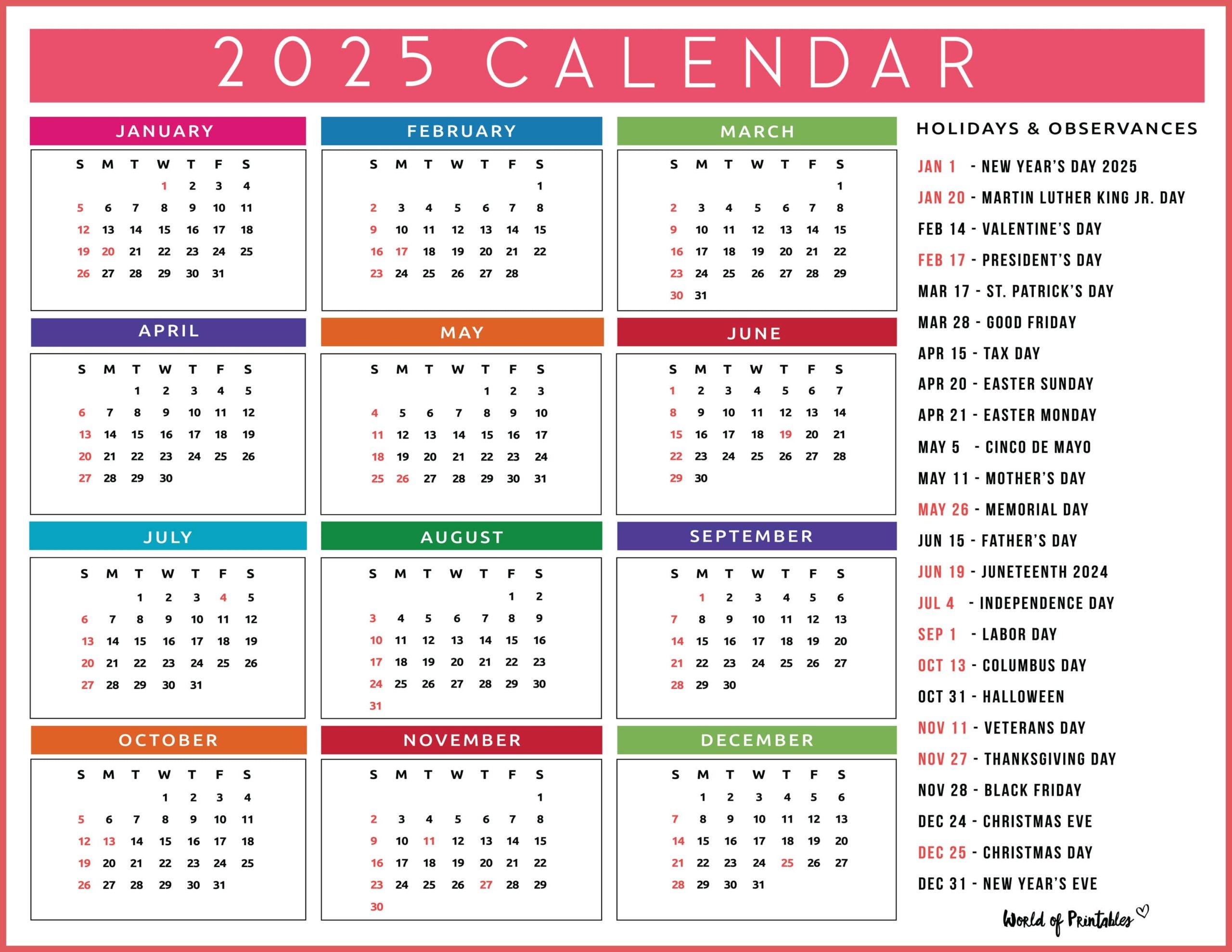 2025 Calendar With Holidays Free Printables In 28 Unique Styles 