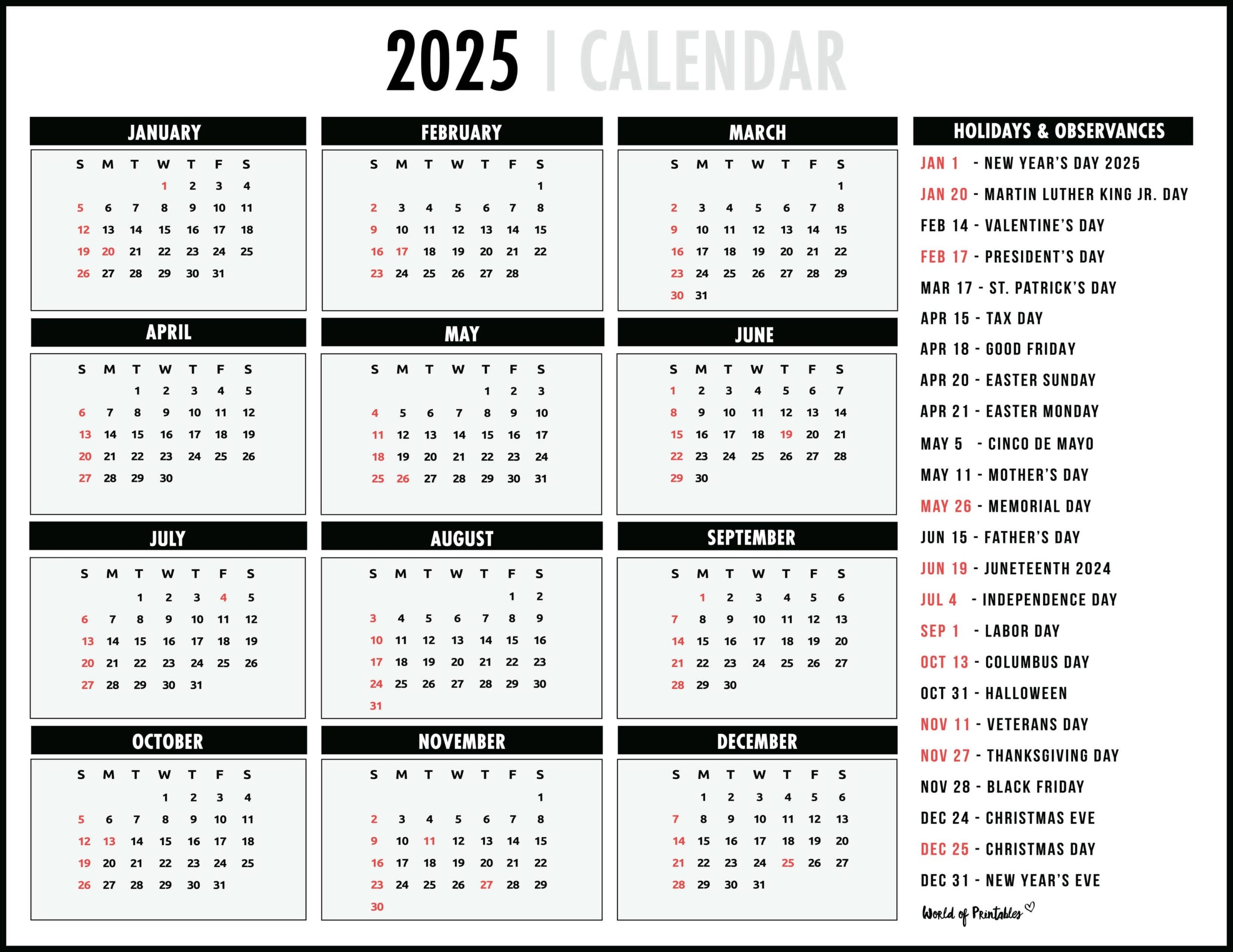 2025 Calendar With Holidays Free Printables In 28 Unique Styles 