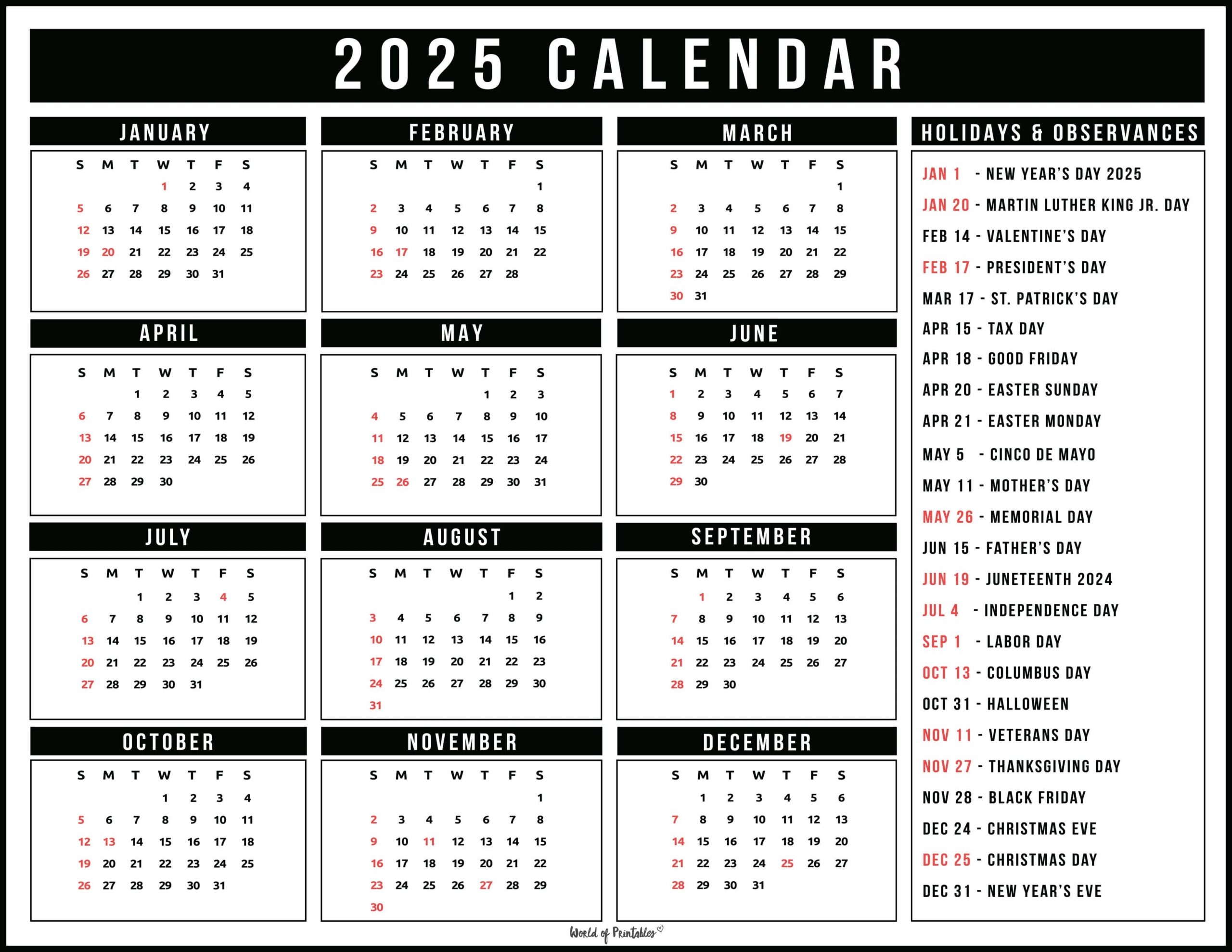 Free Printable 2025 Daily Calendar With Holidays
