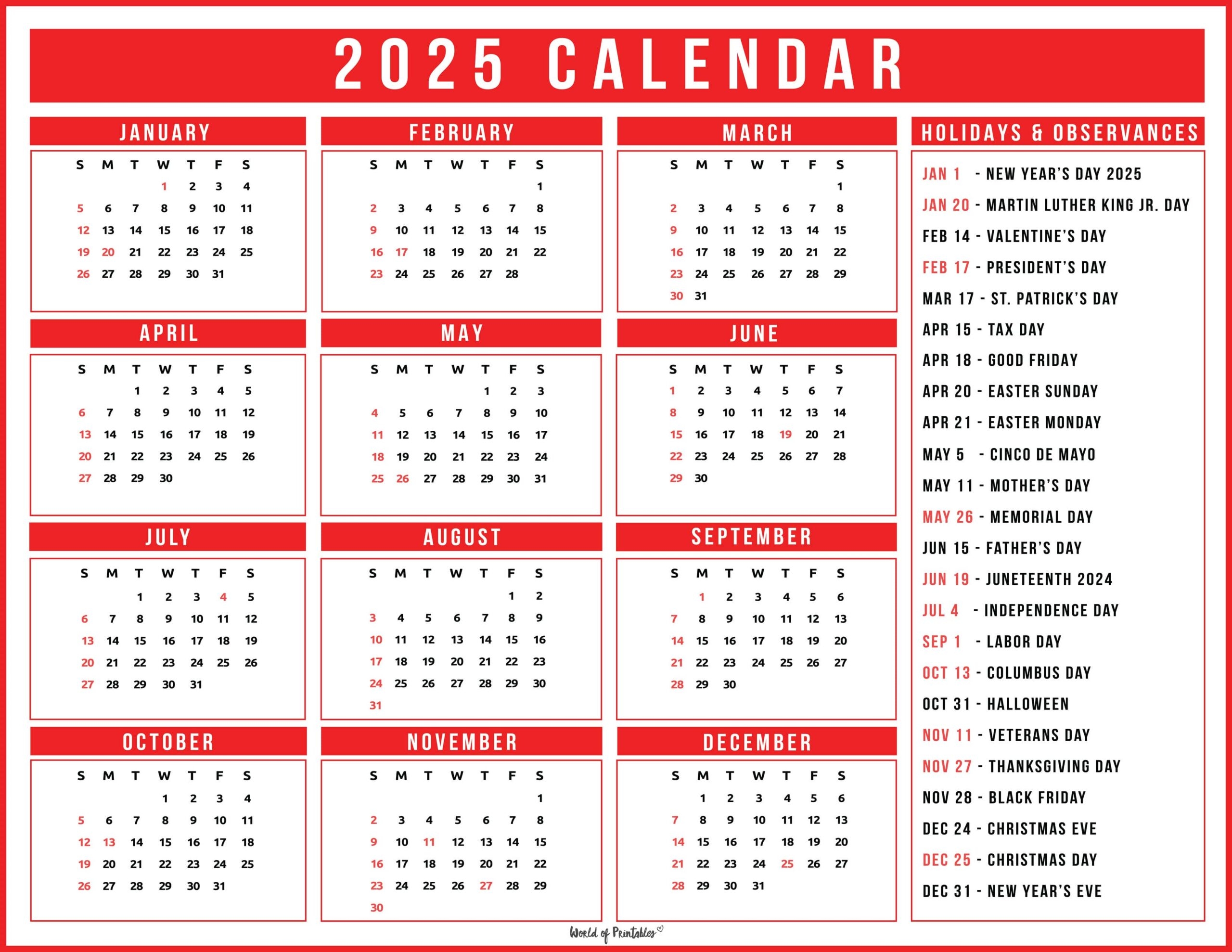 Free Printable 2025 Us Calendar With Holidays