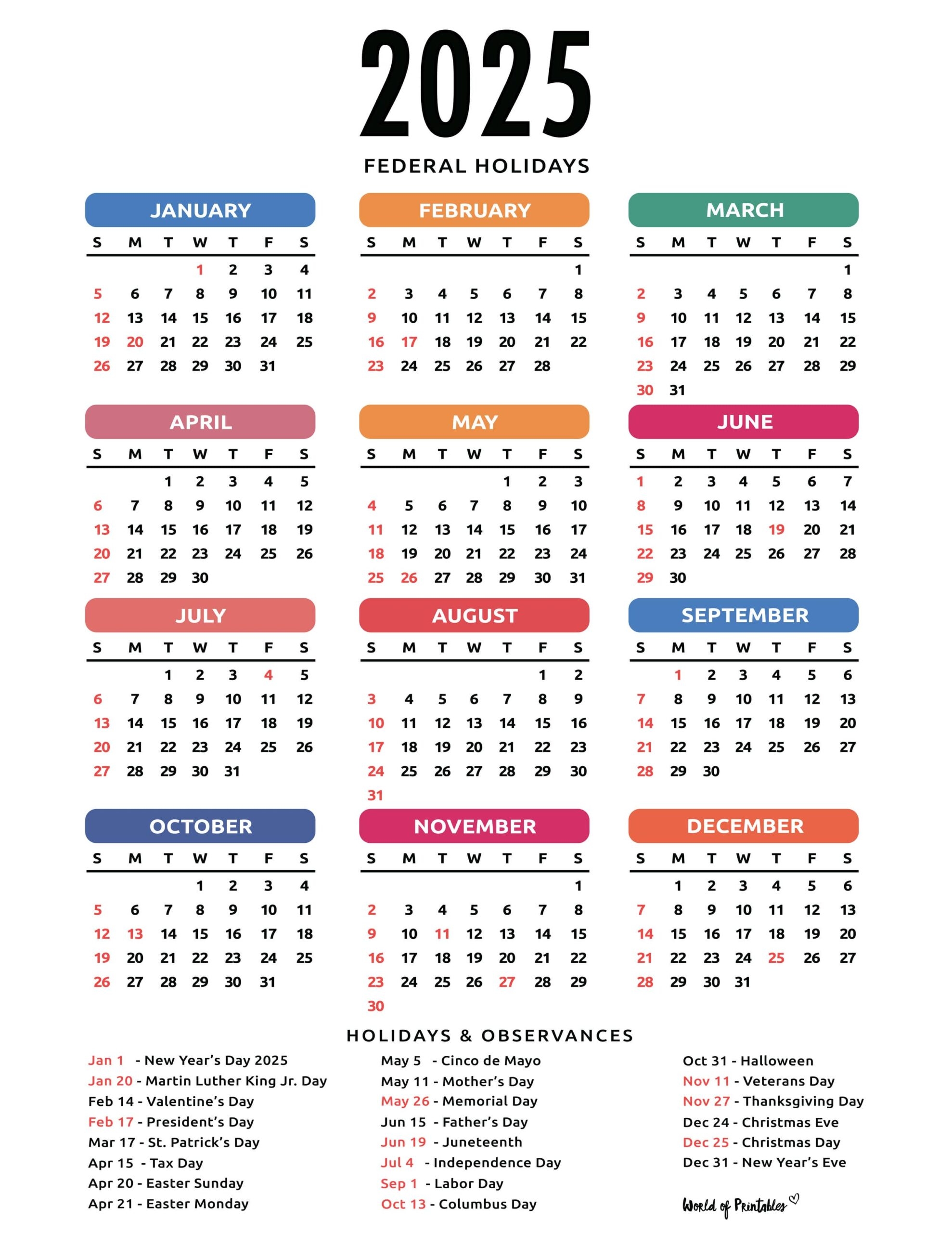2025 Printable Calendar With Federal Holidays