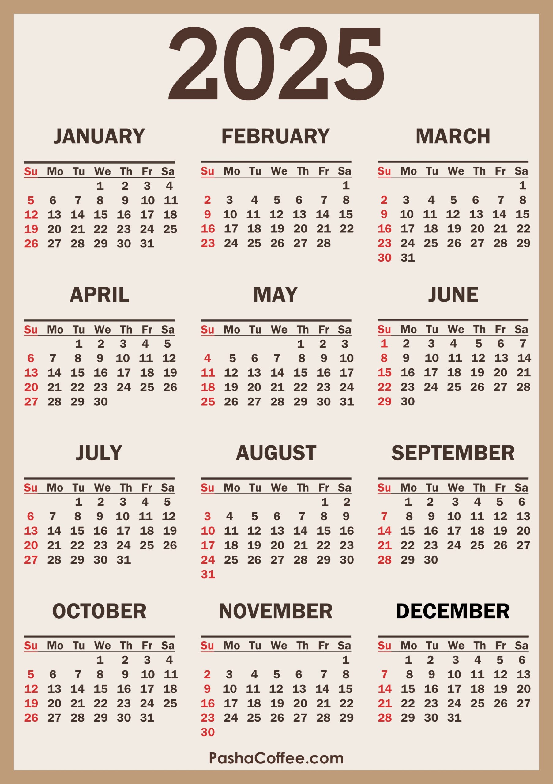 2025 Calendar With Holidays Printable Free Vertical Beige PashaCoffee