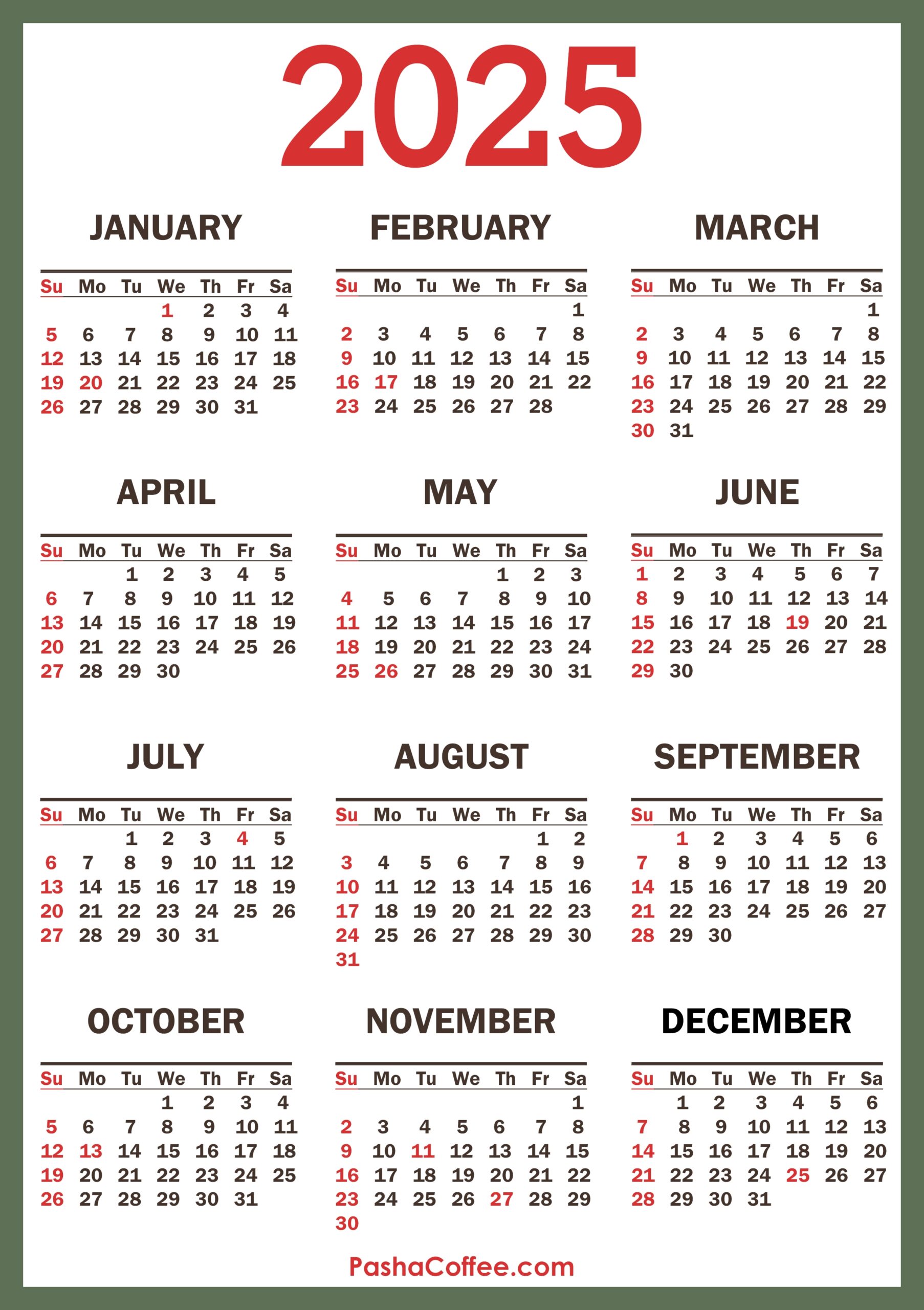 2025 Calendar With Holidays Printable Free Vertical Green PashaCoffee