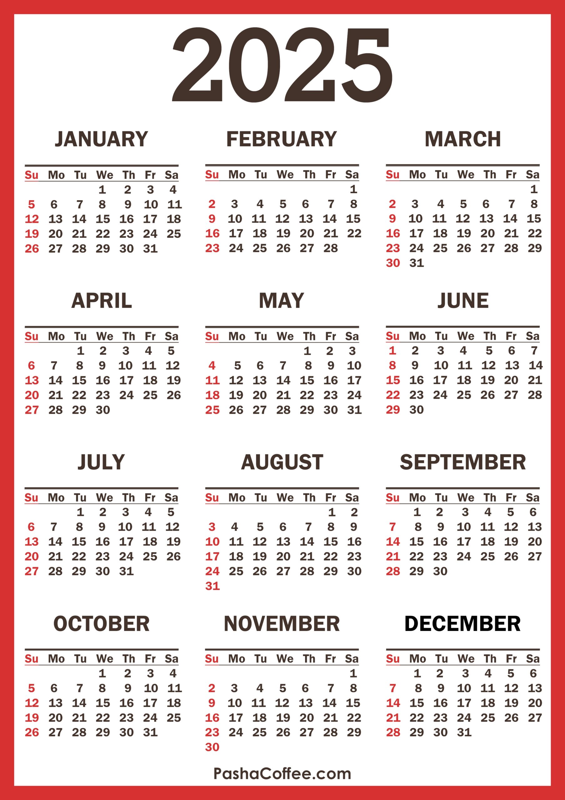 2025 Calendar With Holidays Printable Free Vertical Red PashaCoffee