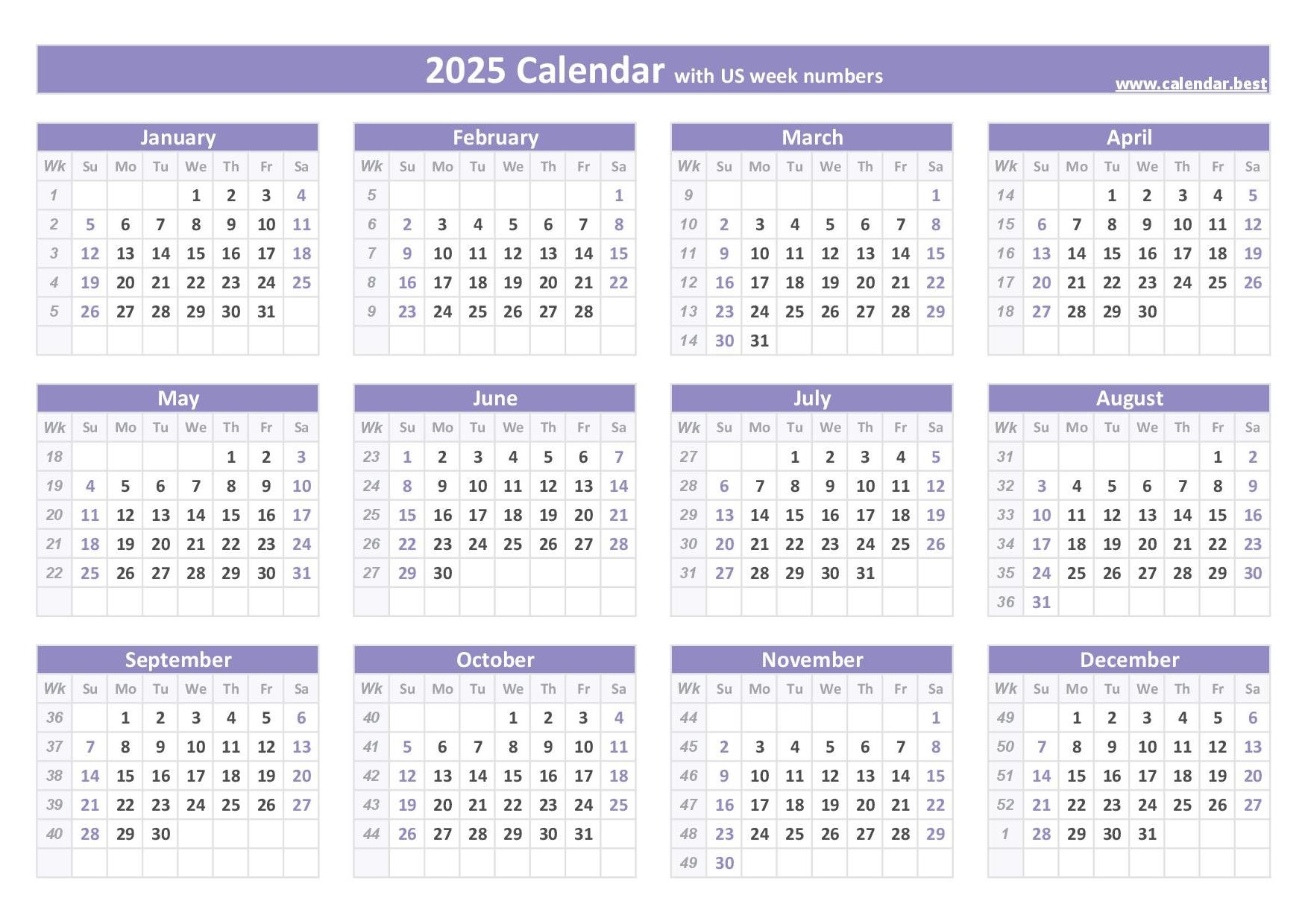 2025 Calendar With Week Numbers US And ISO Week Numbers 