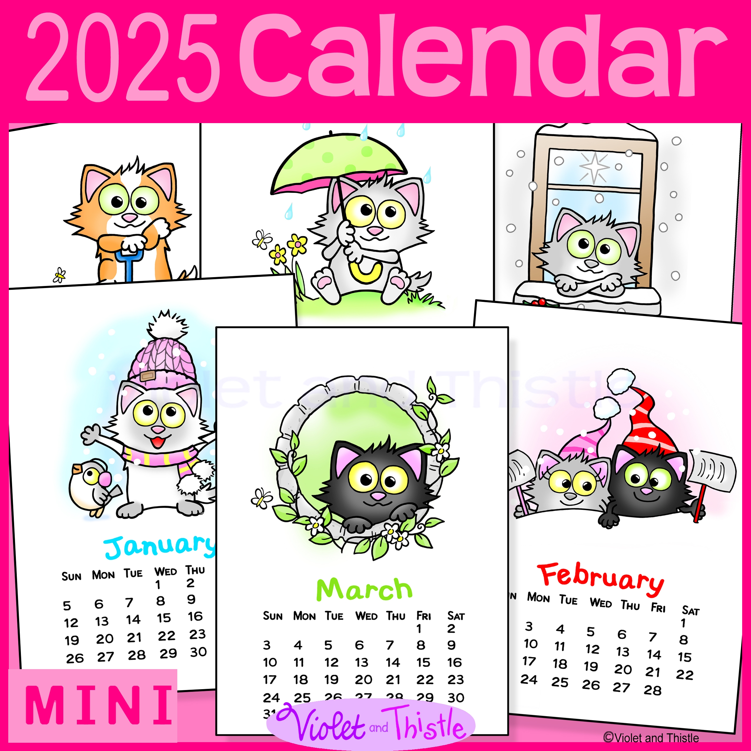 2025 Cat Calendar Monthly Printable Year Long Cute Cats Parent 