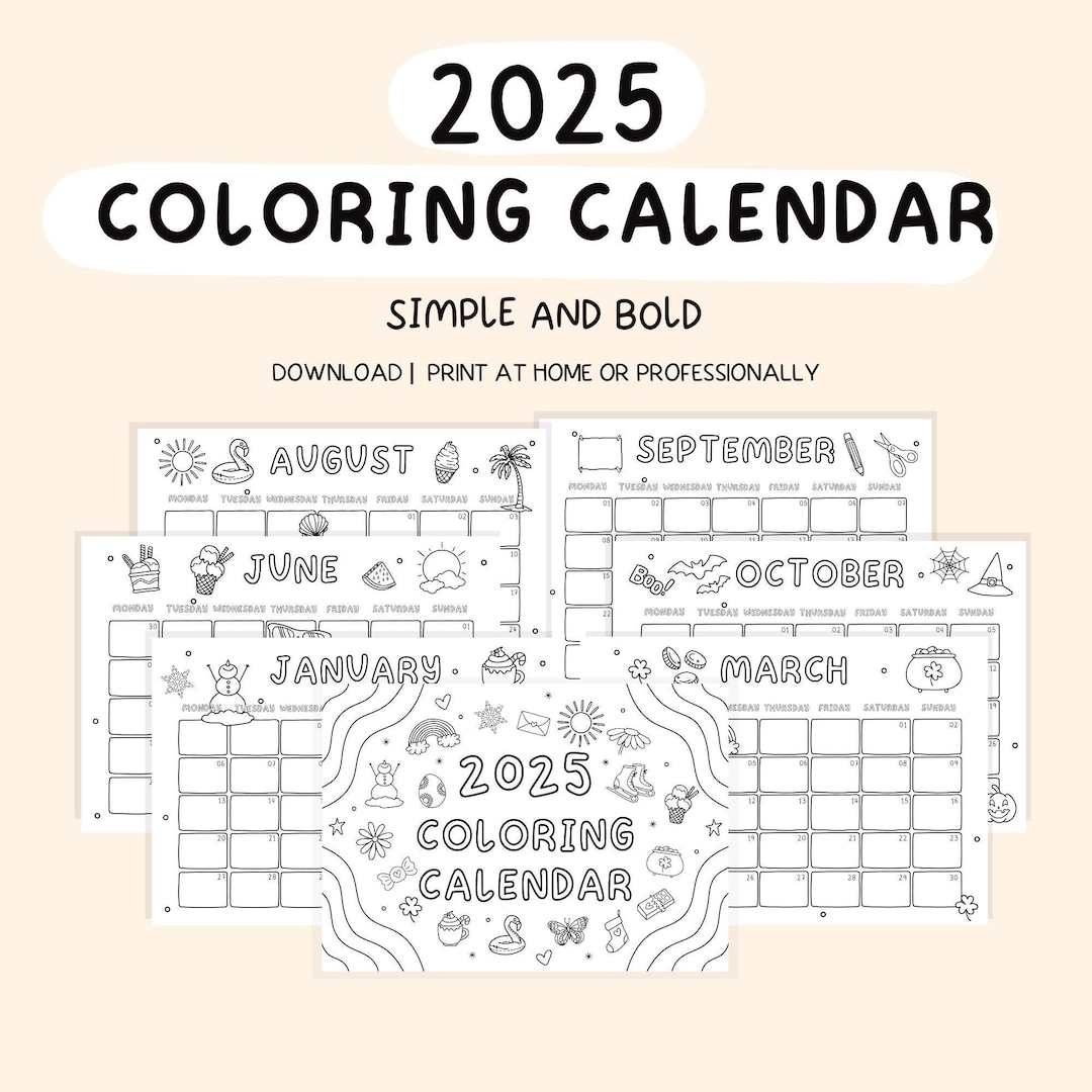2025 Coloring Calendar Kids Calendar 2025 Monthly Planner Printable Calendar Color My Own Calendar 2025 Calendar Etsy