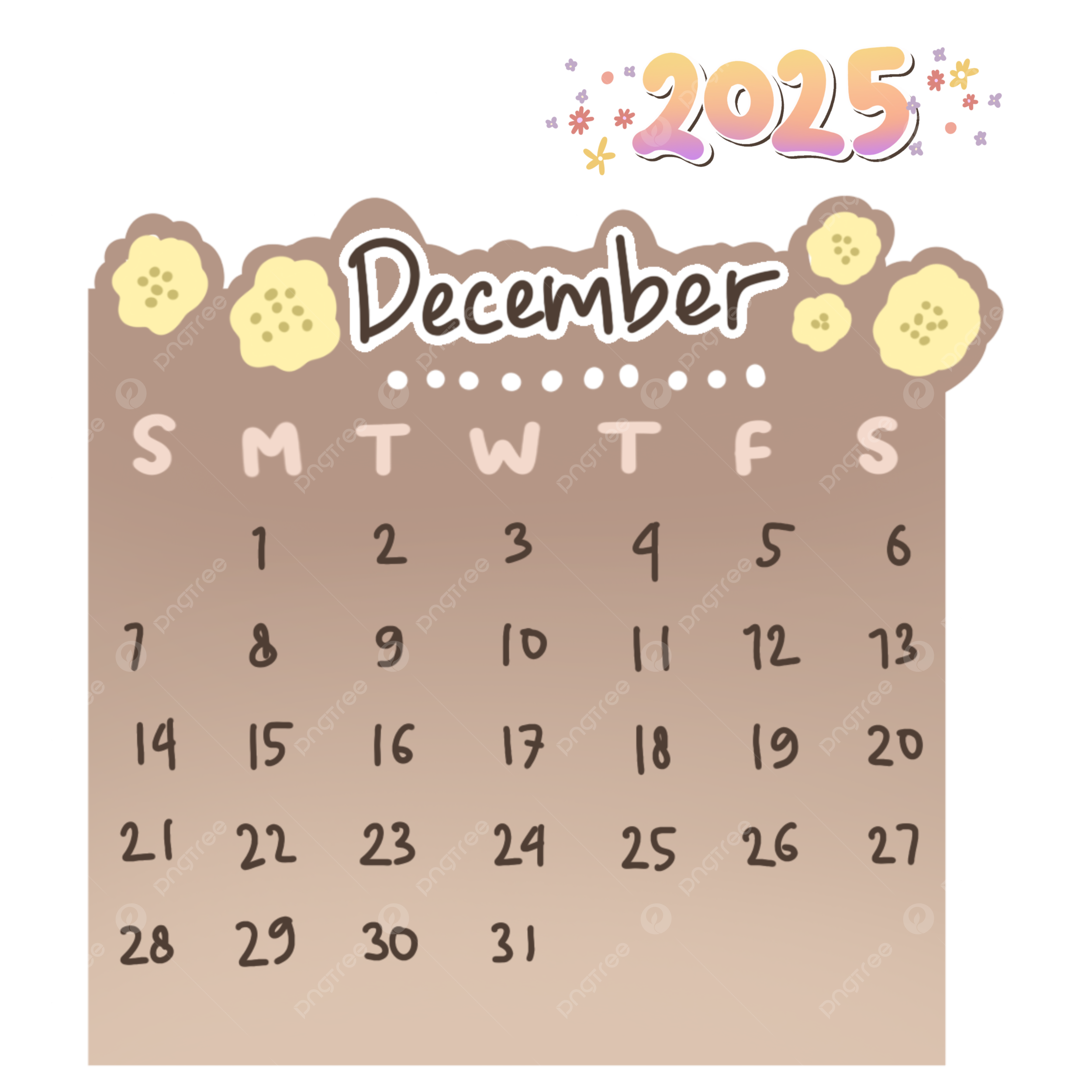 2025 December Calendar Cute Handdrawing Printable Monthly 2025 