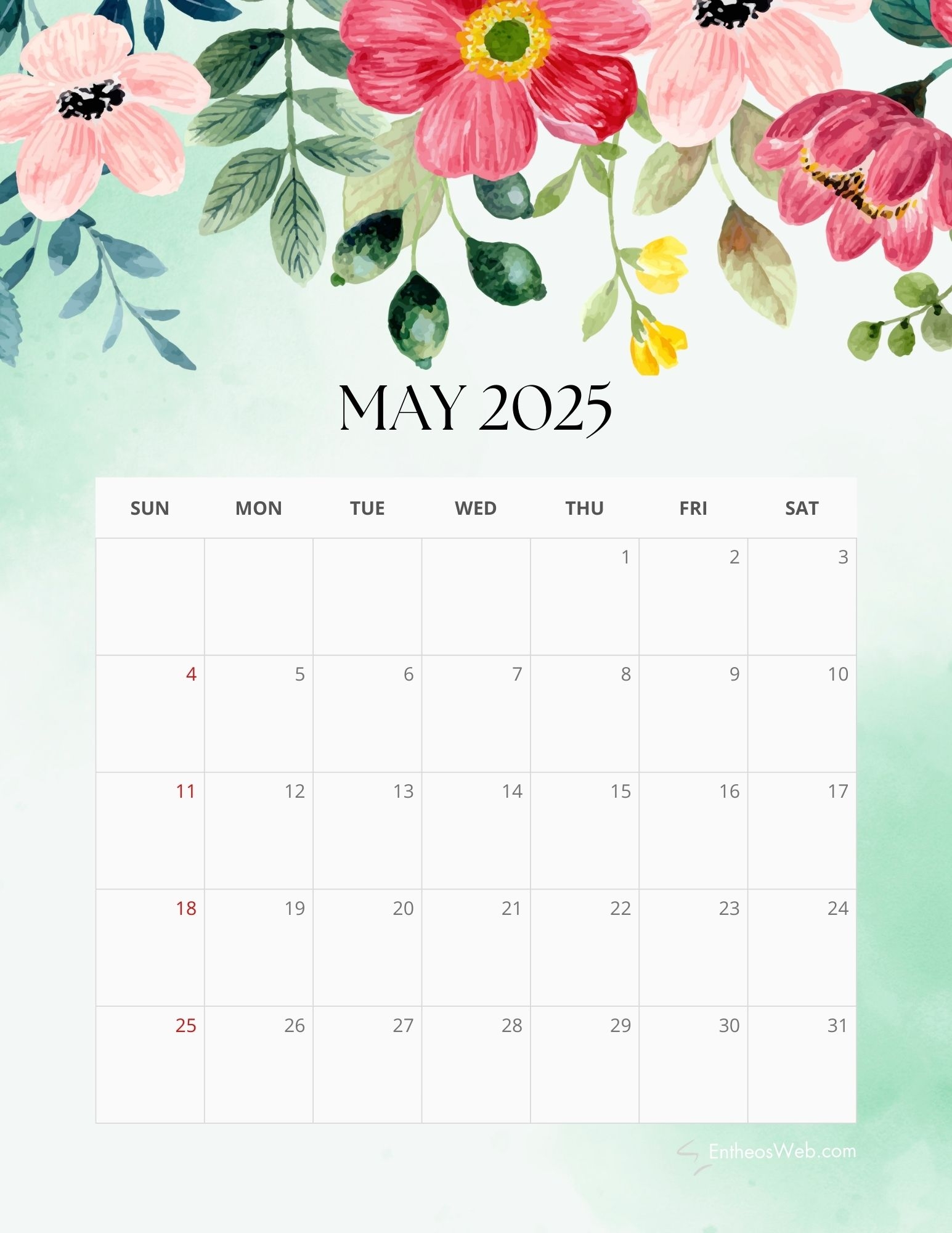 2025 Floral Calendar Free PDF Printable EntheosWeb